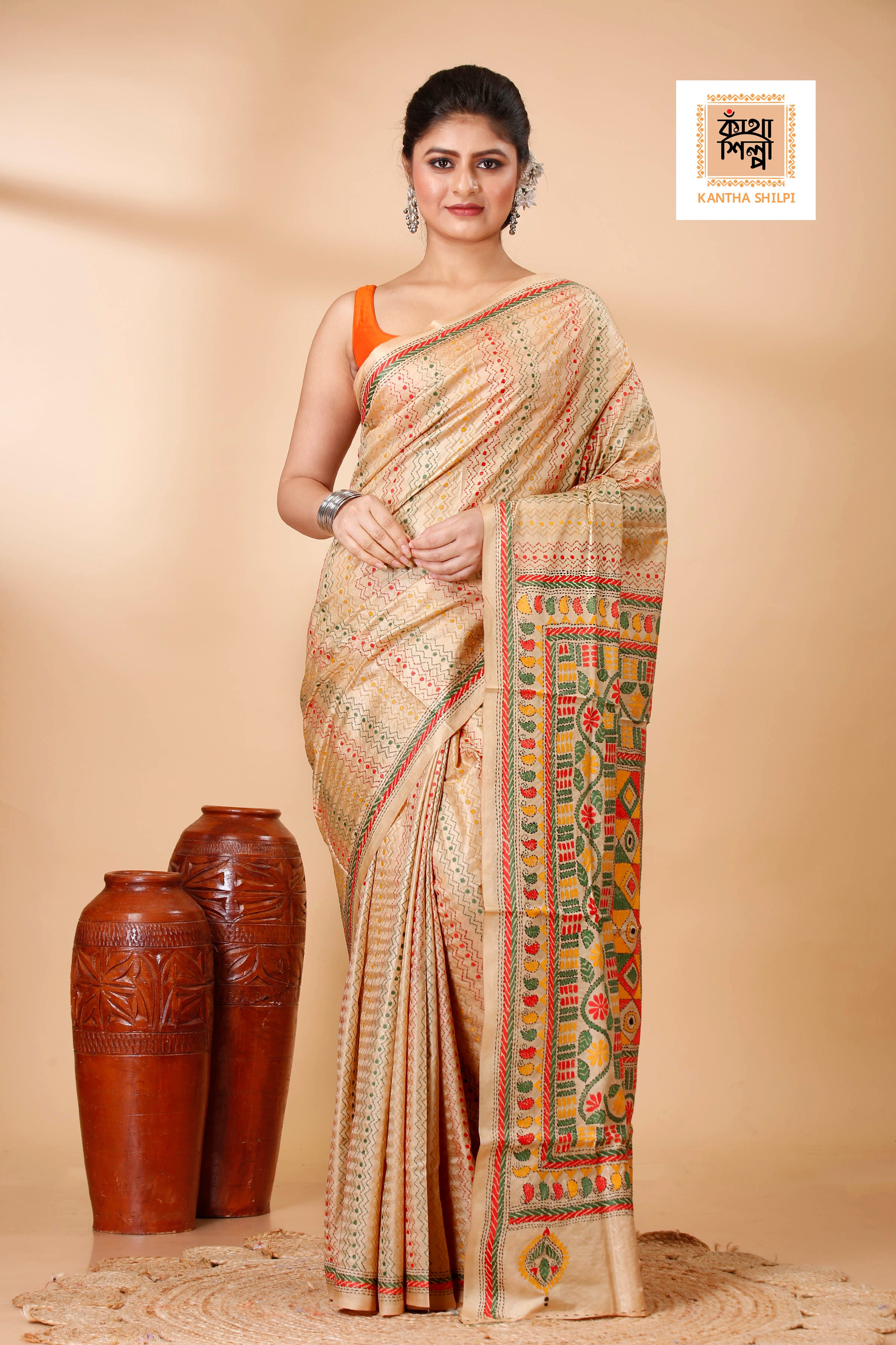 Pure Bangalore Silk Multicolor Thread Work Geometric Pattern Traditional Motif Kantha Stitch Saree