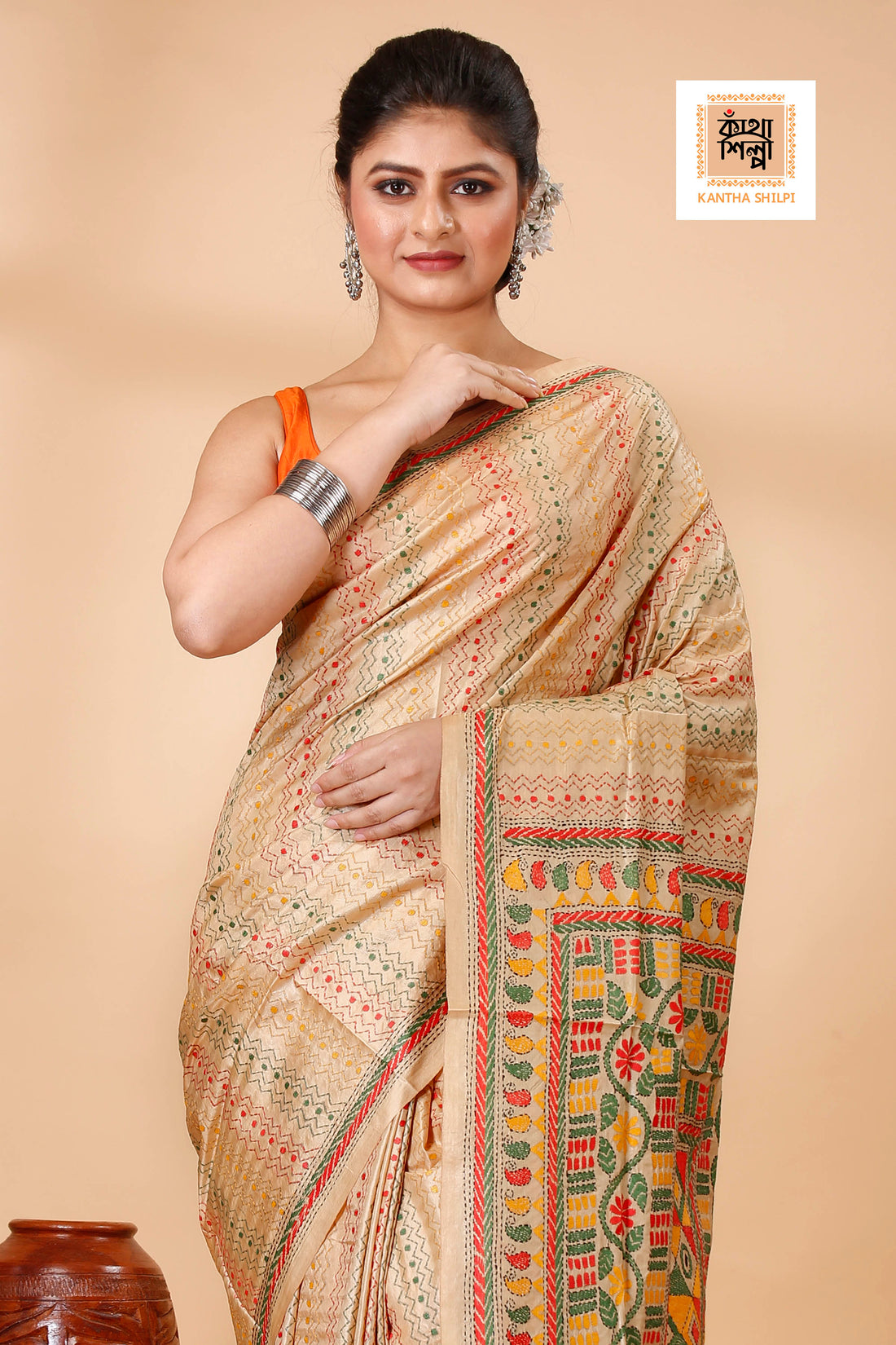 Pure Bangalore Silk Multicolor Thread Work Geometric Pattern Traditional Motif Kantha Stitch Saree