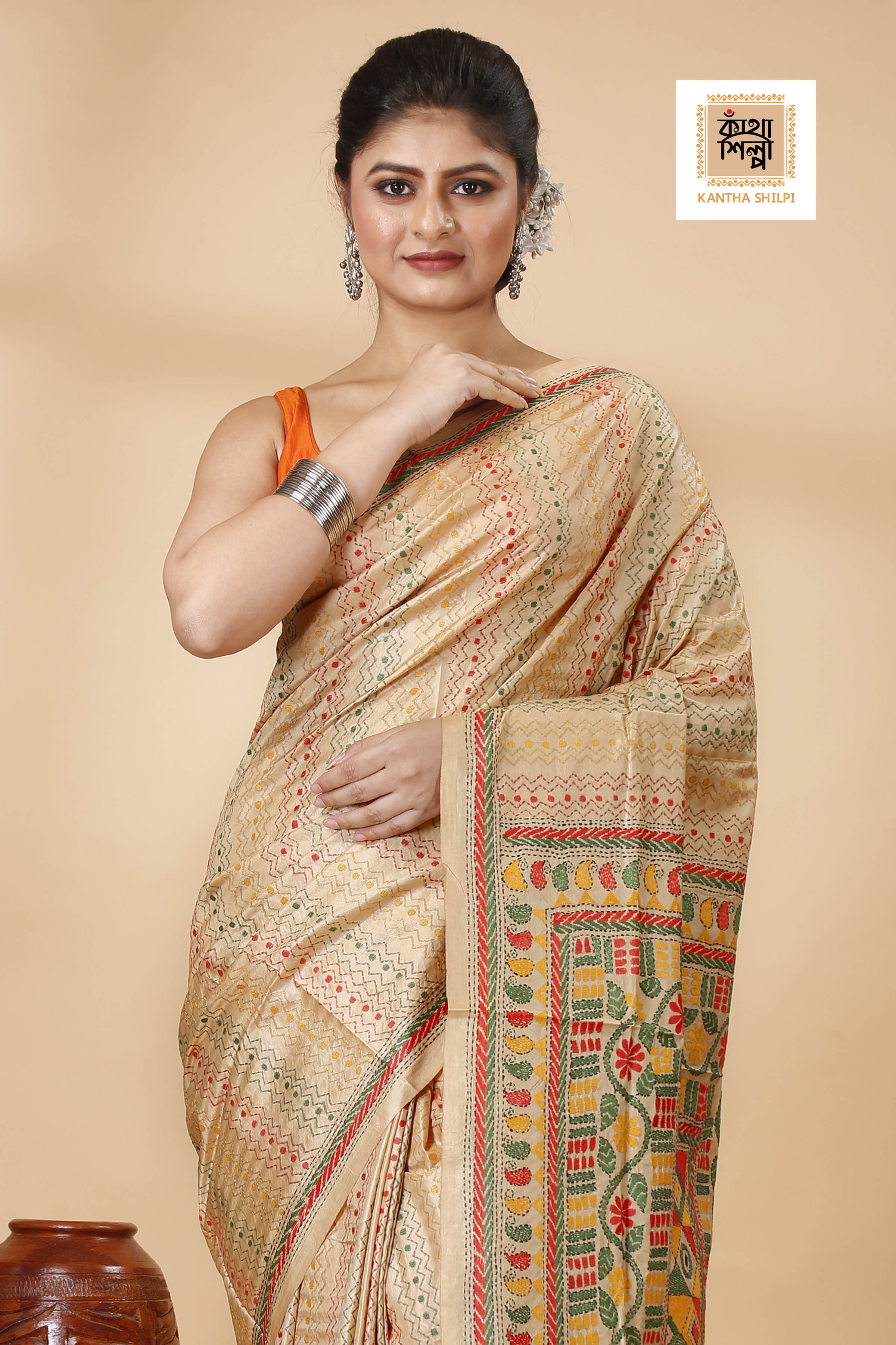 Pure Bangalore Silk Multicolor Thread Work Geometric Pattern Traditional Motif Kantha Stitch Saree