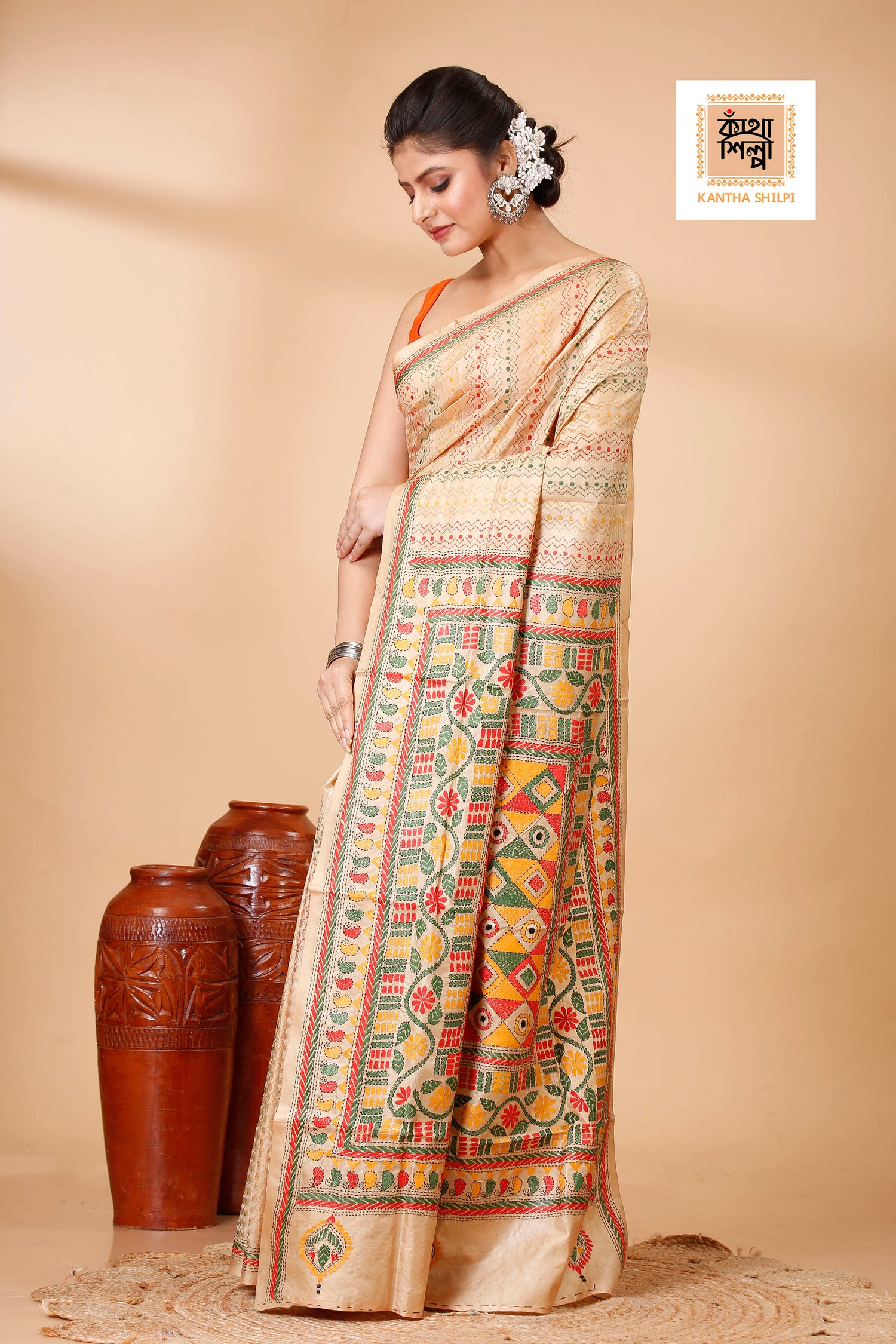 Pure Bangalore Silk Multicolor Thread Work Geometric Pattern Traditional Motif Kantha Stitch Saree