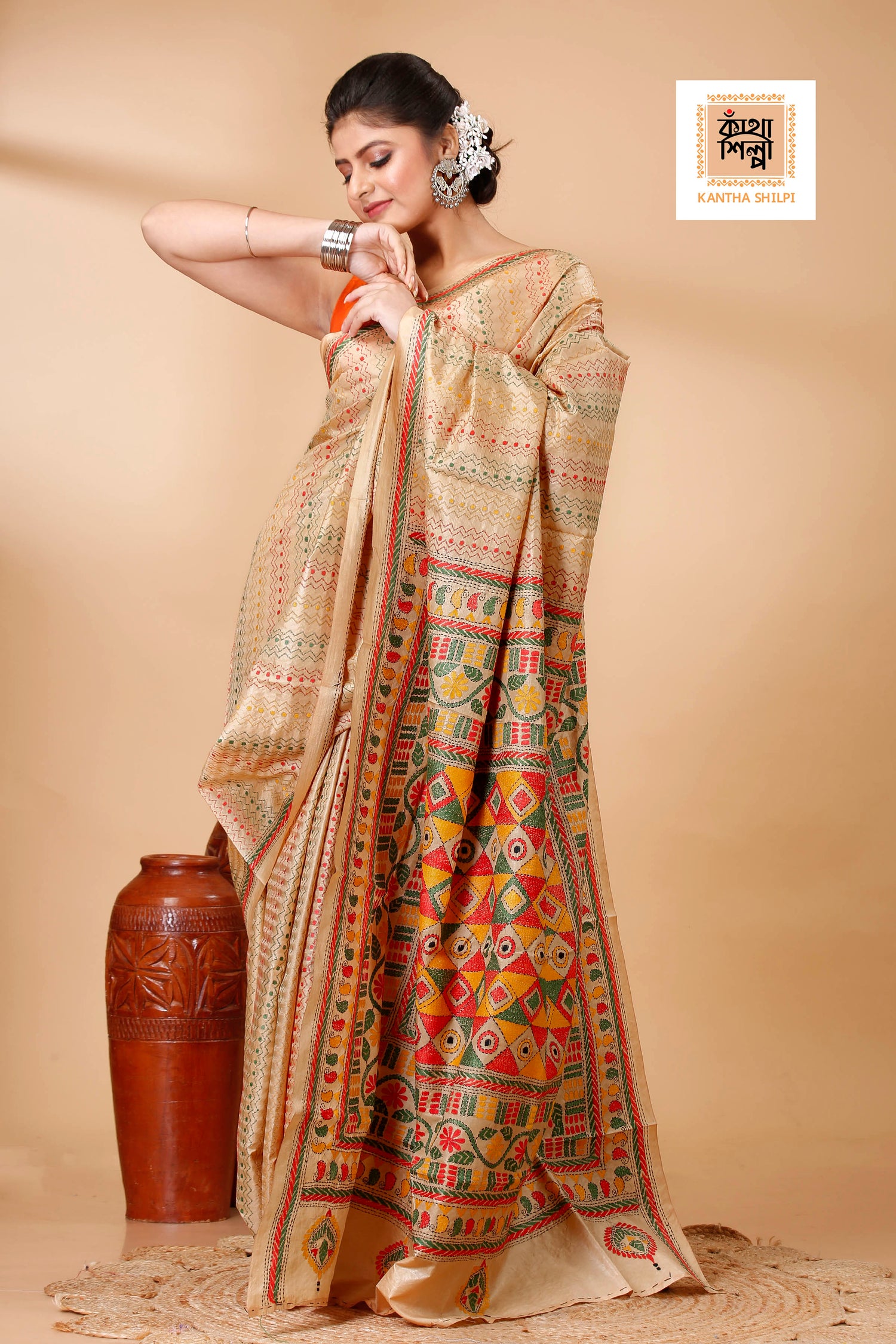 Pure Bangalore Silk Multicolor Thread Work Geometric Pattern Traditional Motif Kantha Stitch Saree