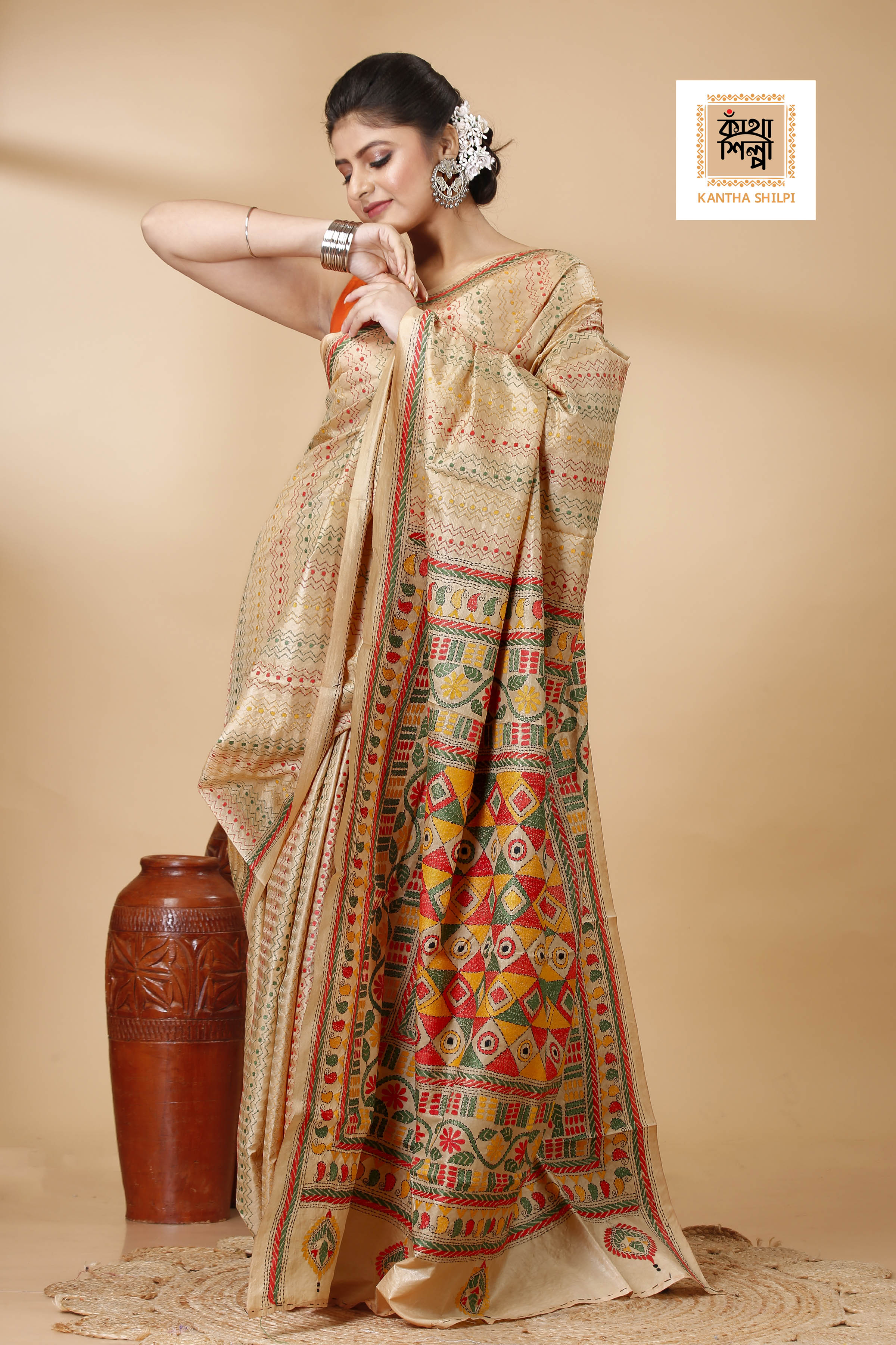Pure Bangalore Silk Multicolor Thread Work Geometric Pattern Traditional Motif Kantha Stitch Saree