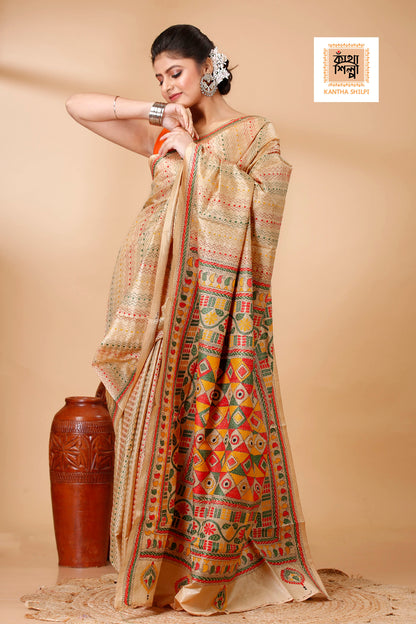 Pure Bangalore Silk Multicolor Thread Work Geometric Pattern Traditional Motif Kantha Stitch Saree