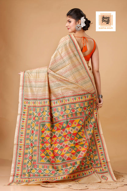 Pure Bangalore Silk Multicolor Thread Work Geometric Pattern Traditional Motif Kantha Stitch Saree