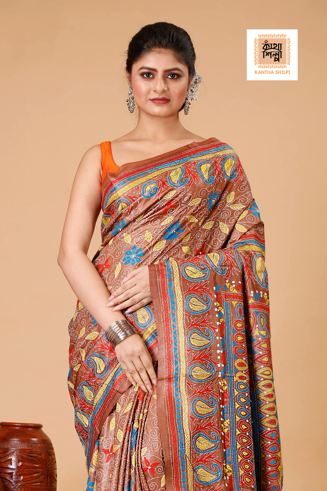 Cinnamon Dye Tussar Multicolor Thread Work Floral Kalka Design Kantha Stitch Saree