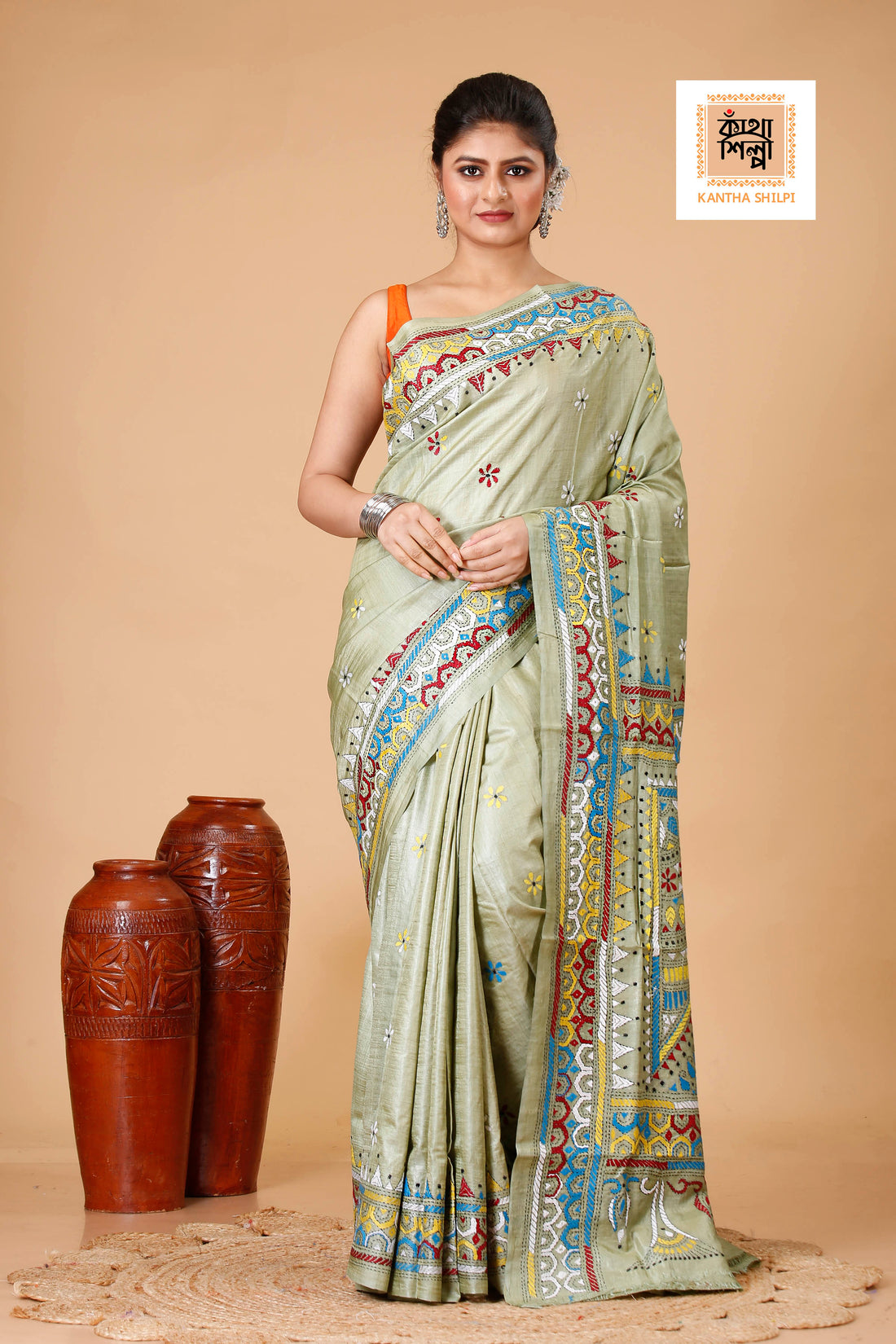 Lettuce-Green Dye Tussar Multicolor Thread Work Kantha Stitch Saree