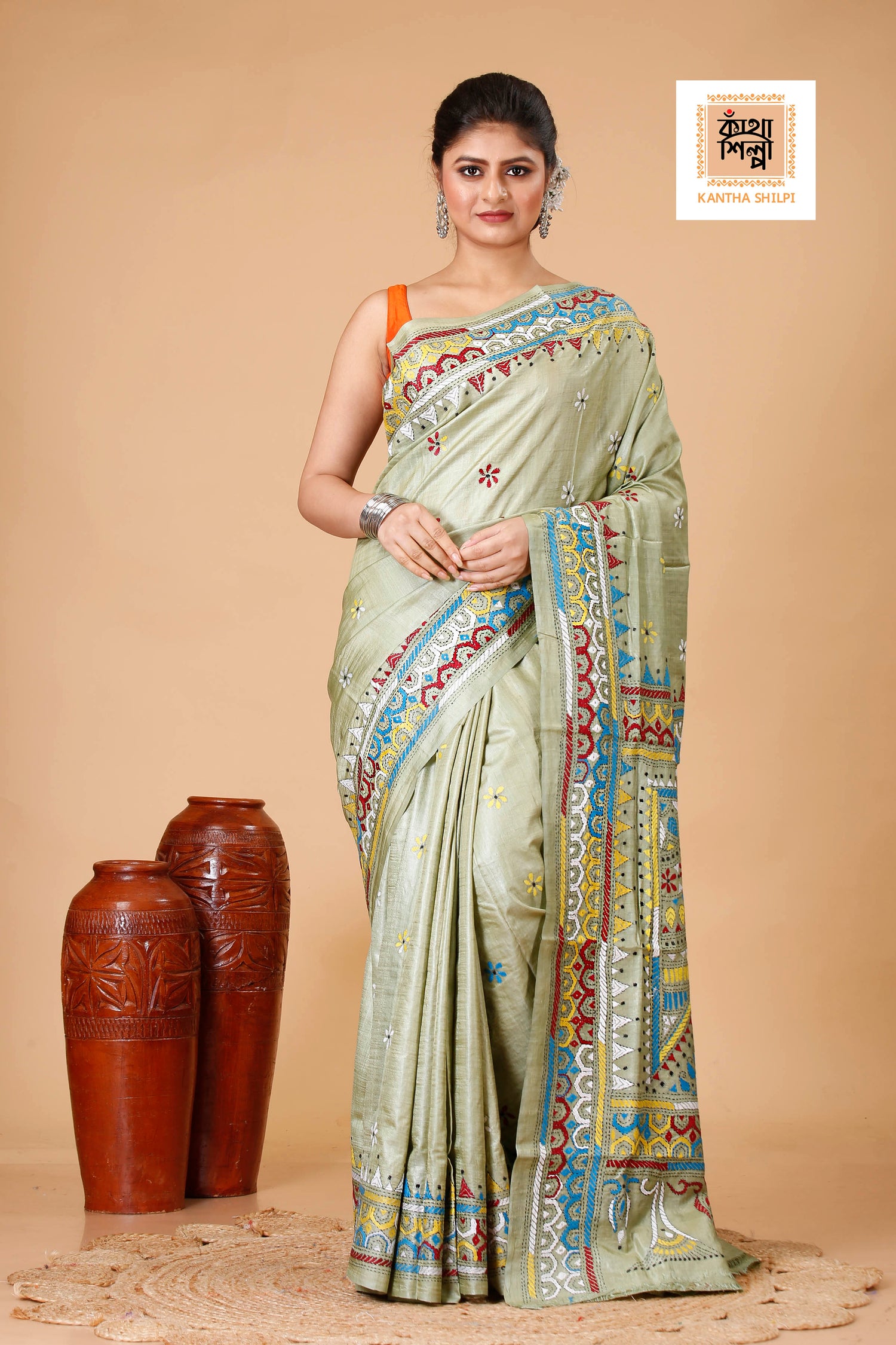 Lettuce-Green Dye Tussar Multicolor Thread Work Kantha Stitch Saree