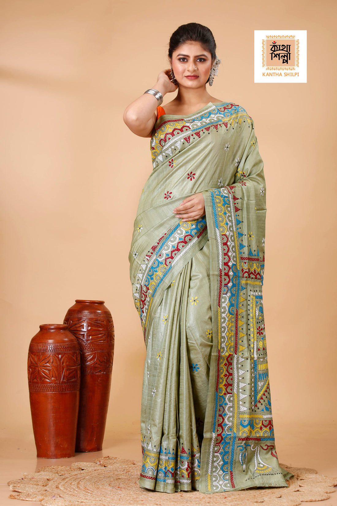 Lettuce-Green Dye Tussar Multicolor Thread Work Kantha Stitch Saree