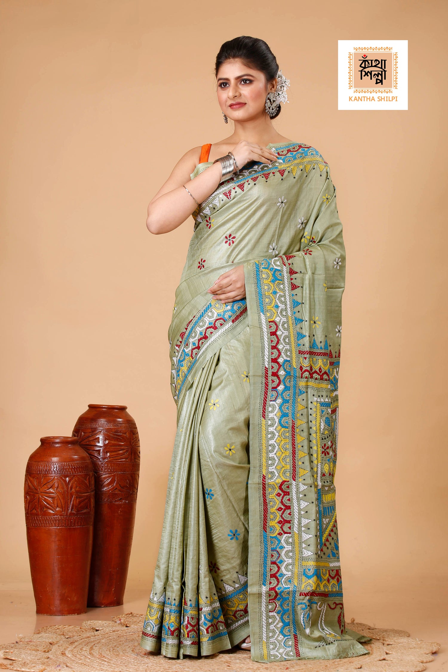 Lettuce-Green Dye Tussar Multicolor Thread Work Kantha Stitch Saree
