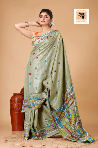 Lettuce-Green Dye Tussar Multicolor Thread Work Kantha Stitch Saree