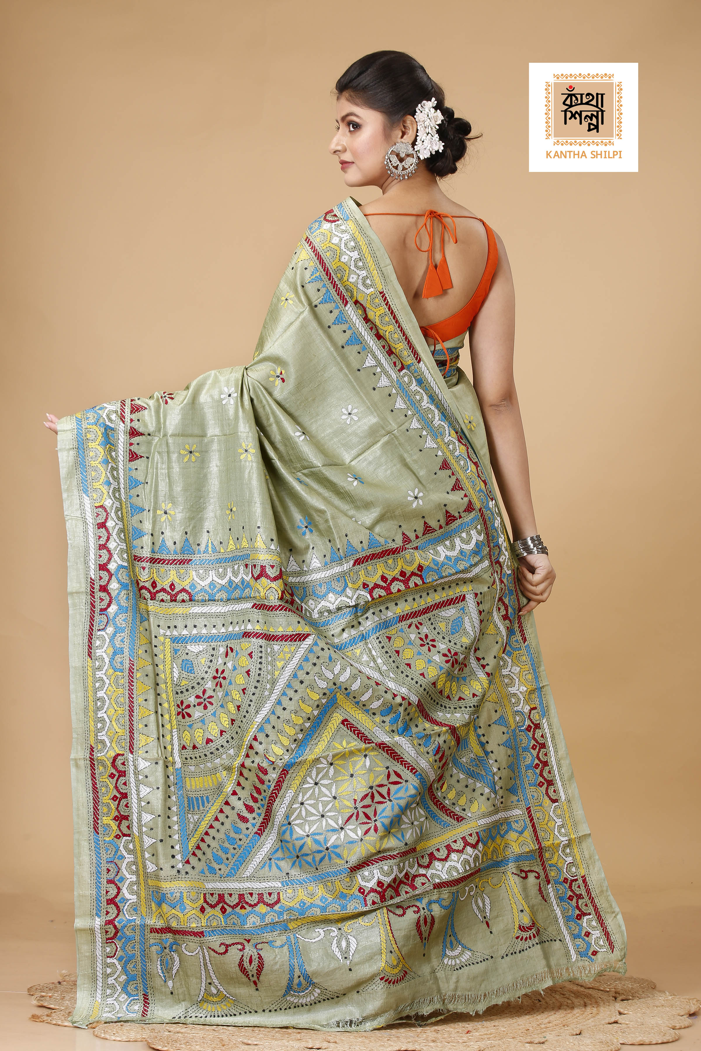 Lettuce-Green Dye Tussar Multicolor Thread Work Kantha Stitch Saree