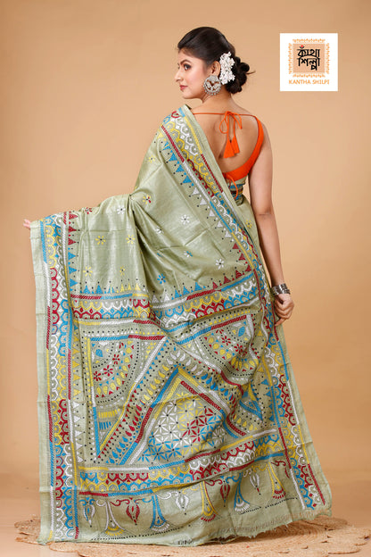 Lettuce-Green Dye Tussar Multicolor Thread Work Kantha Stitch Saree