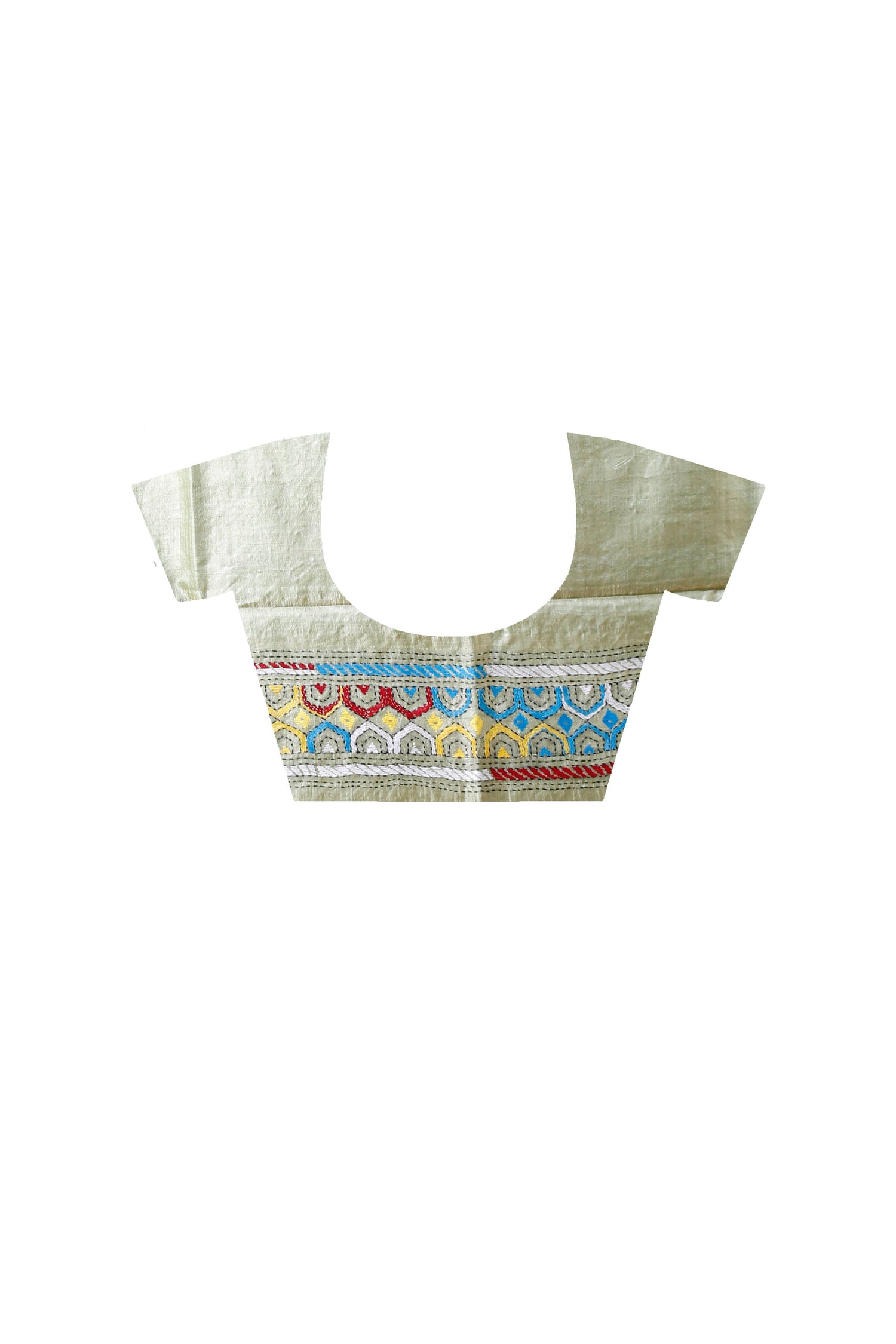 Lettuce-Green Dye Tussar Multicolor Thread Work Kantha Stitch Saree