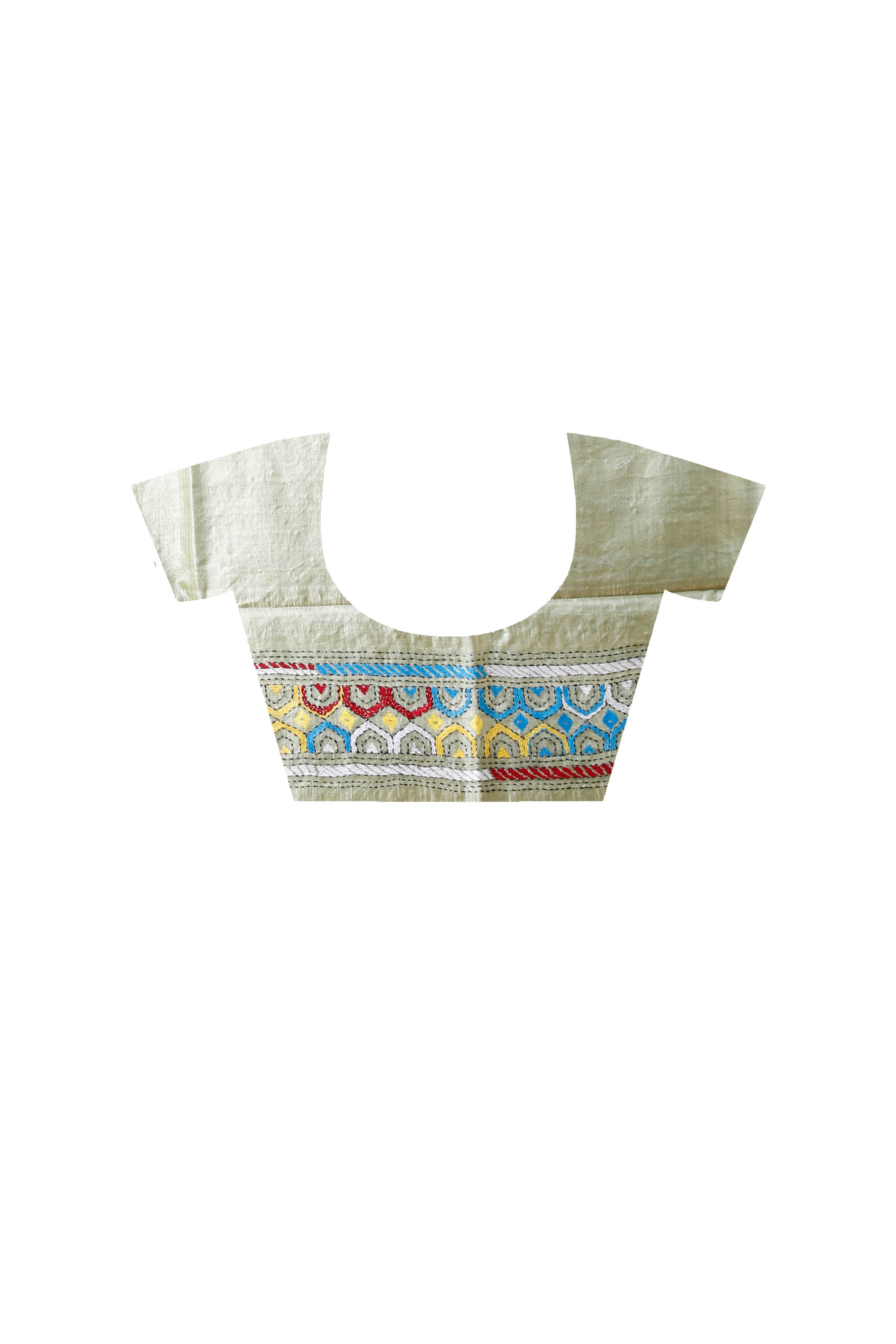Lettuce-Green Dye Tussar Multicolor Thread Work Kantha Stitch Saree