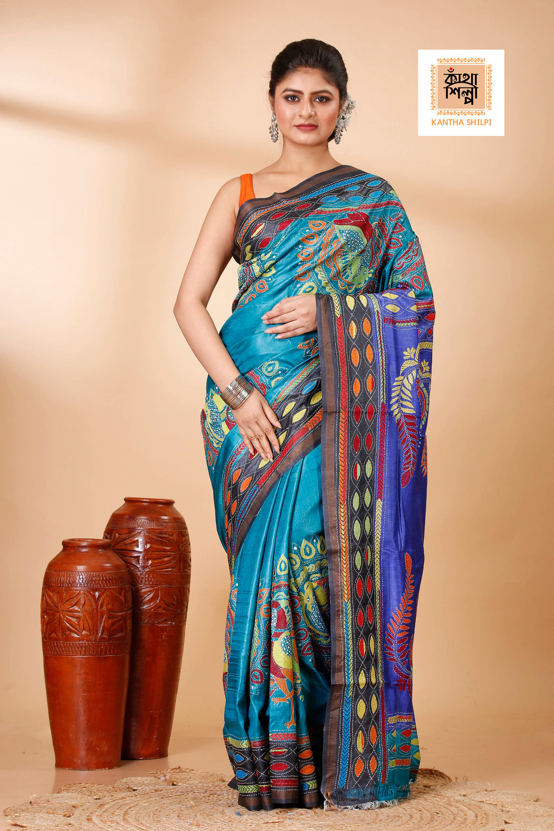 Sky-Blue and Blue Dye Tussar Multicolor Thread Work Madhubani Pattern Peacock Design Kantha Stitch Saree