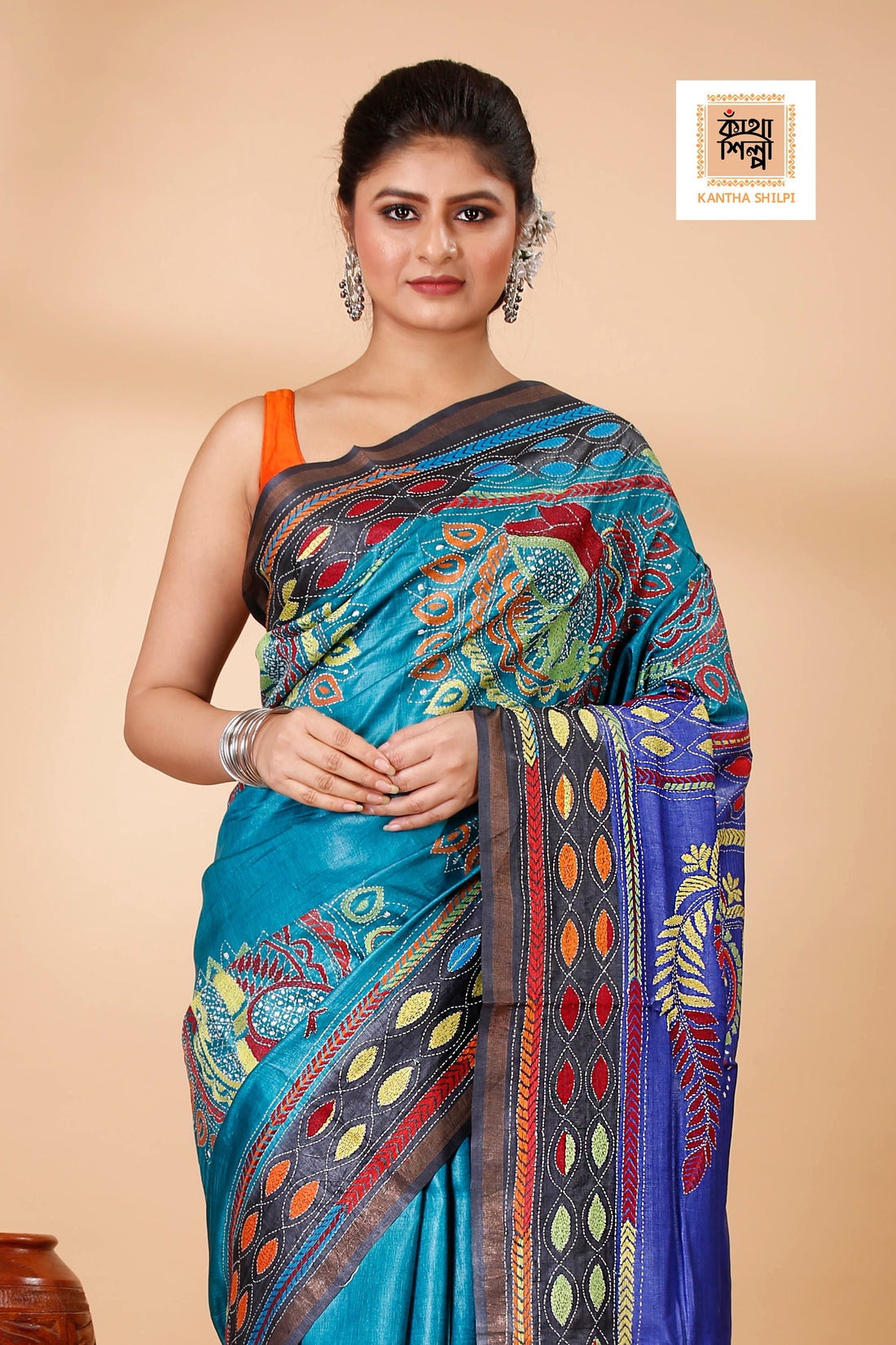 Sky-Blue and Blue Dye Tussar Multicolor Thread Work Madhubani Pattern Peacock Design Kantha Stitch Saree