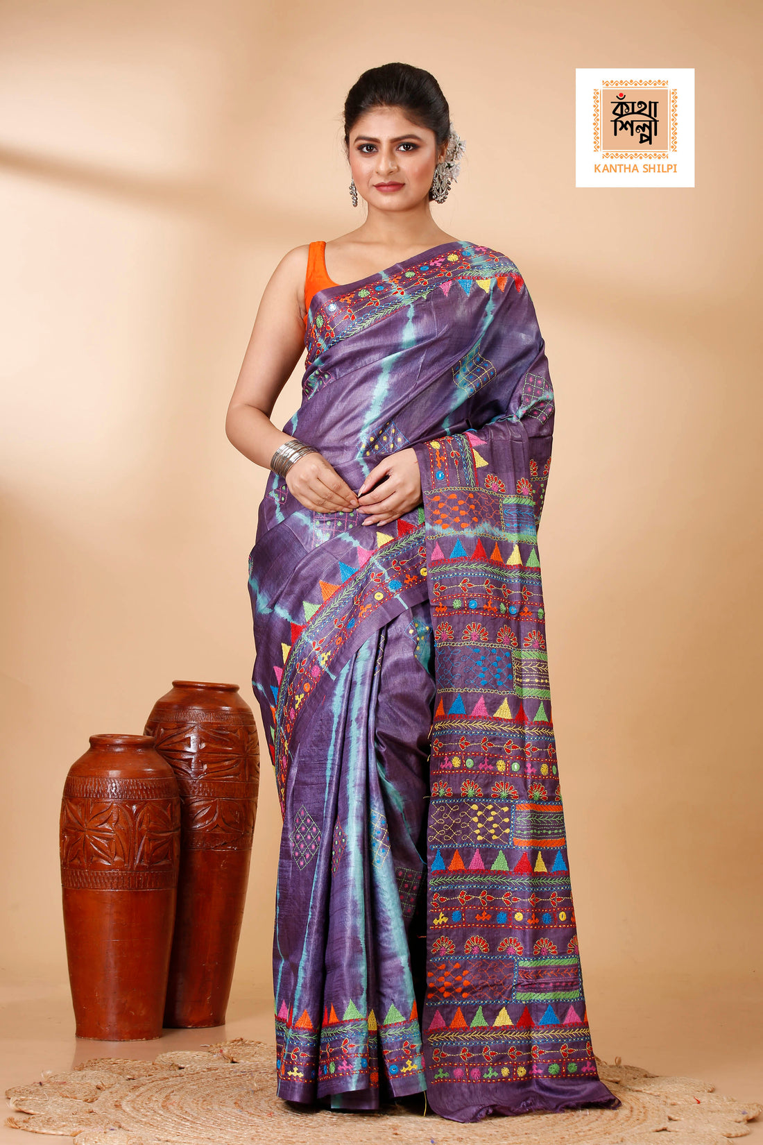 Mauve Color Dye Tussar Multicolor Thread Work Kantha Stitch Saree
