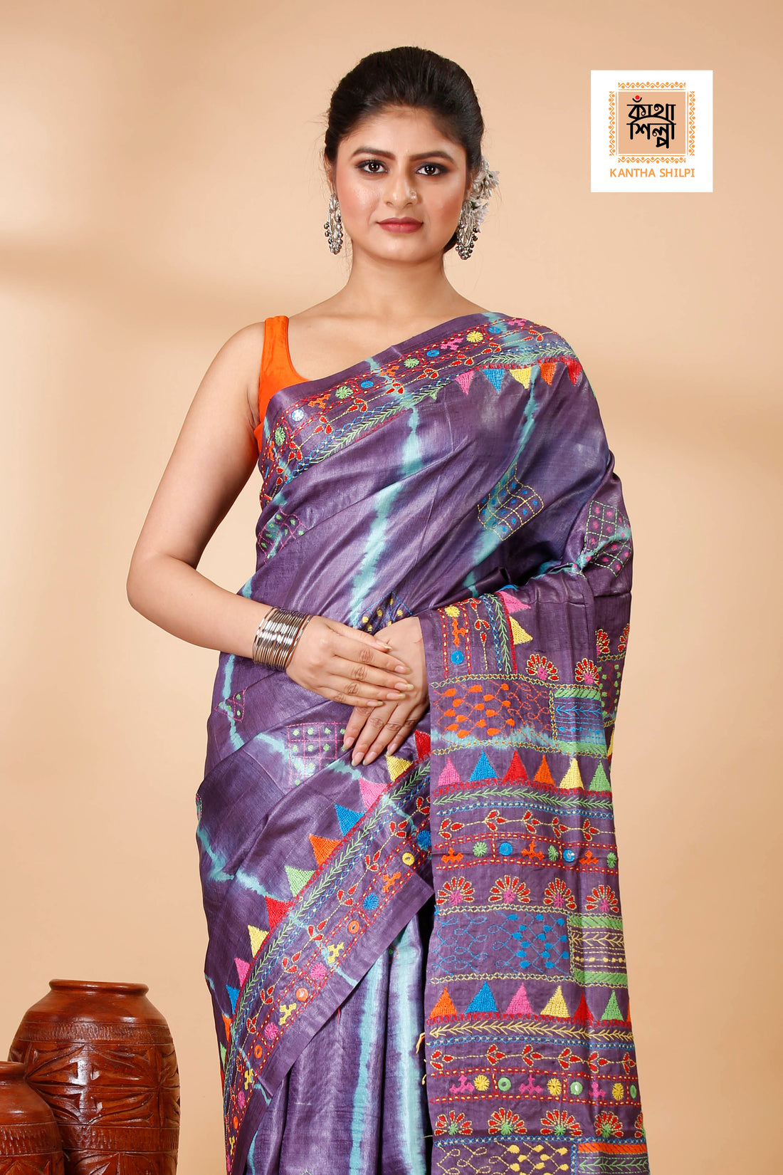 Mauve Color Dye Tussar Multicolor Thread Work Kantha Stitch Saree