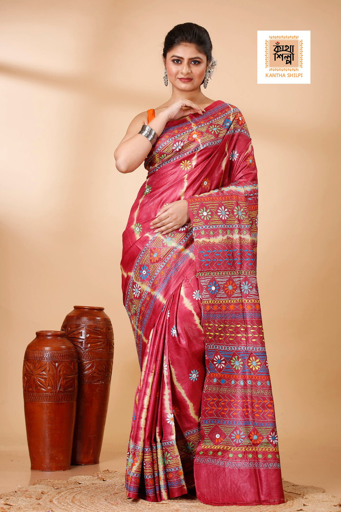 Red Color Dye Tussar Multicolor Thread Work Kantha Stitch Saree