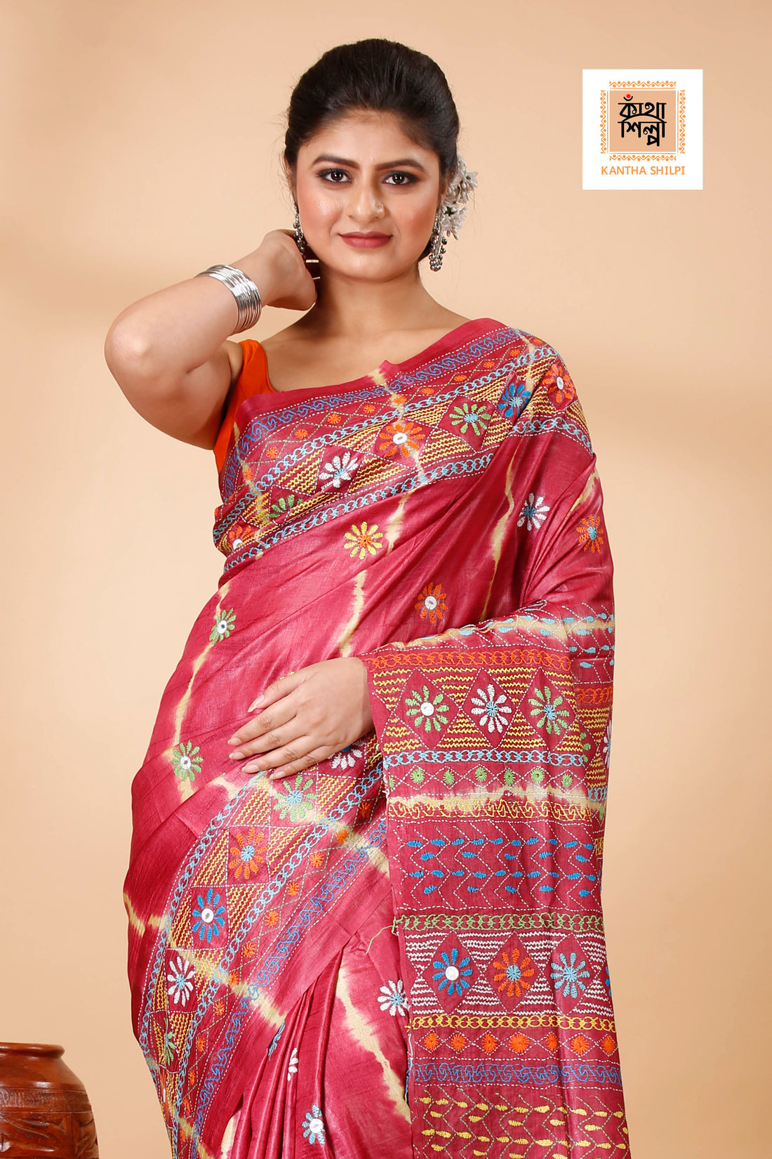 Red Color Dye Tussar Multicolor Thread Work Kantha Stitch Saree