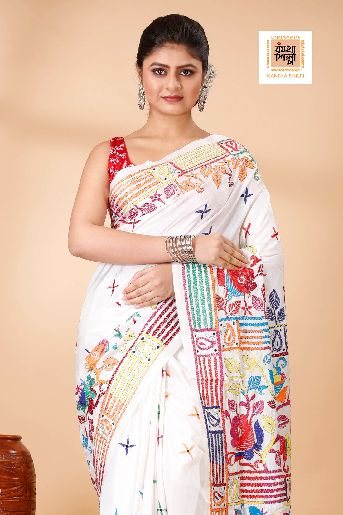 Bangalore Silk Multicolor Thread Work Floral Design Kantha Stitch Saree