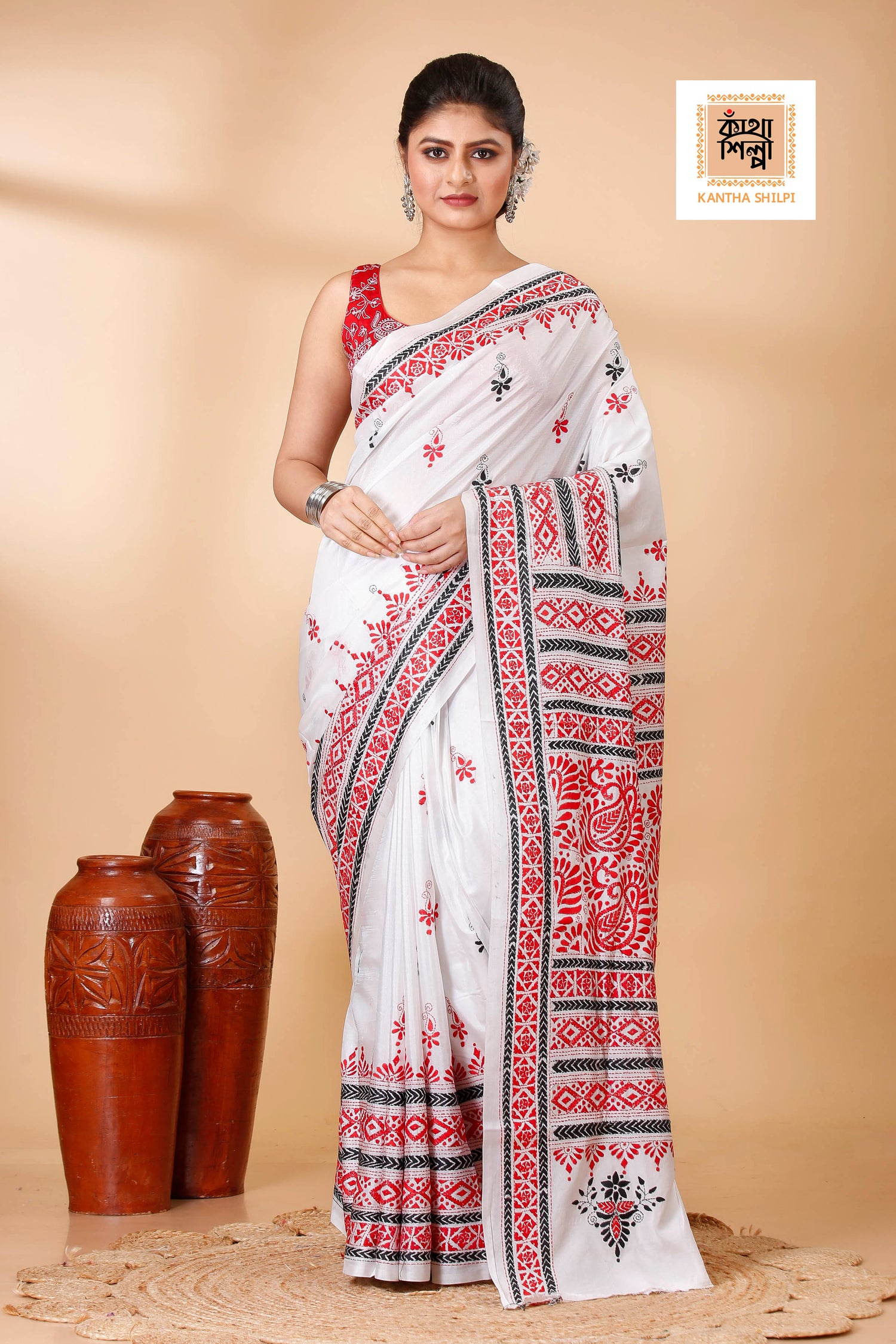 Bangalore Silk Red and Black Thread Work Traditional Kantha Stitch Saree