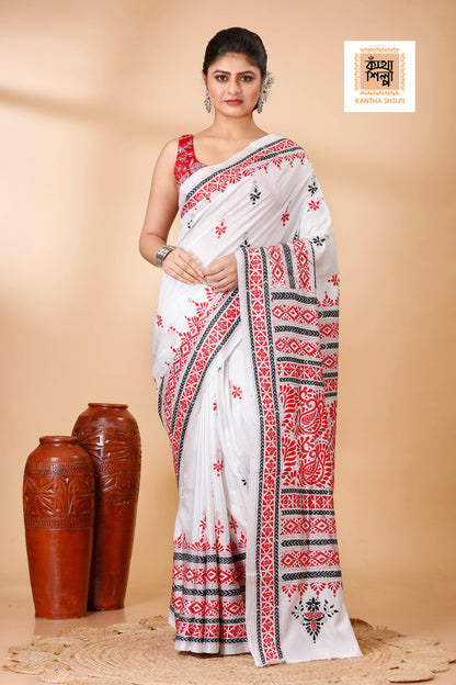 Bangalore Silk Red and Black Thread Work Traditional Kantha Stitch Saree