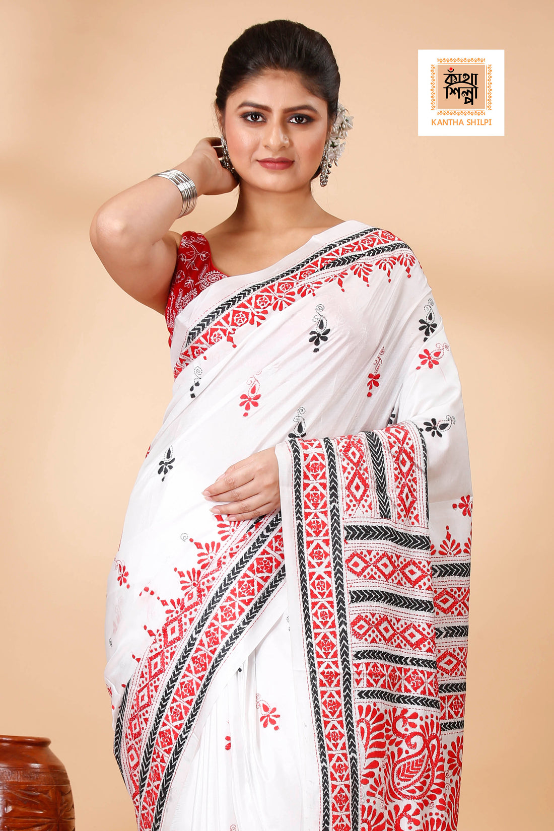 Bangalore Silk Red and Black Thread Work Traditional Kantha Stitch Saree