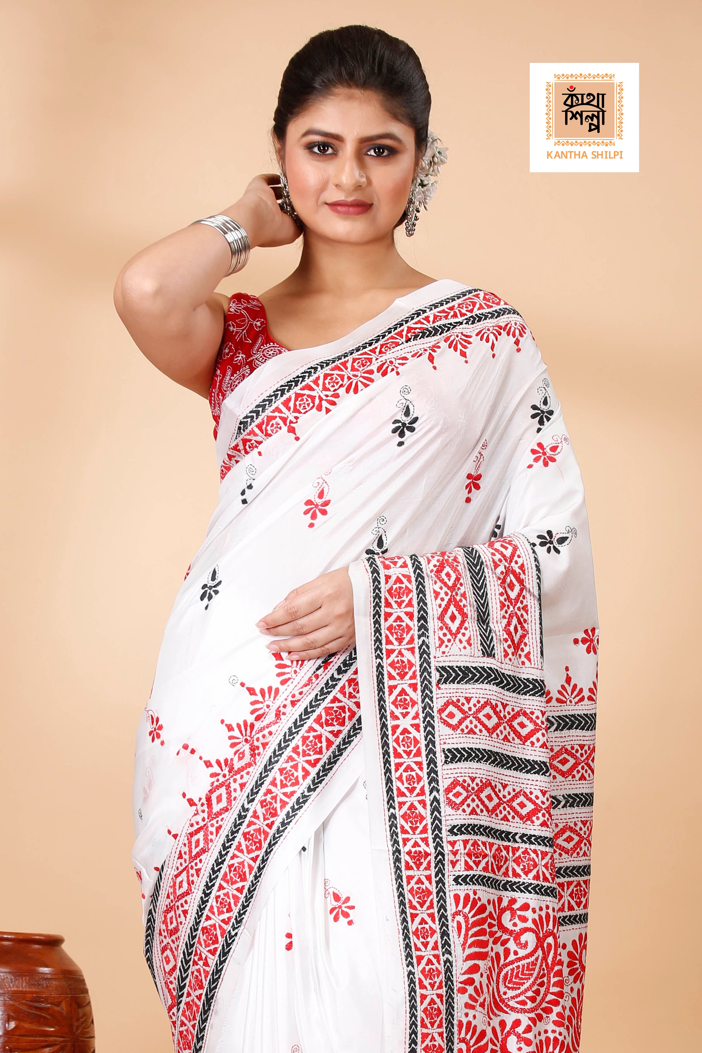 Bangalore Silk Red and Black Thread Work Traditional Kantha Stitch Saree