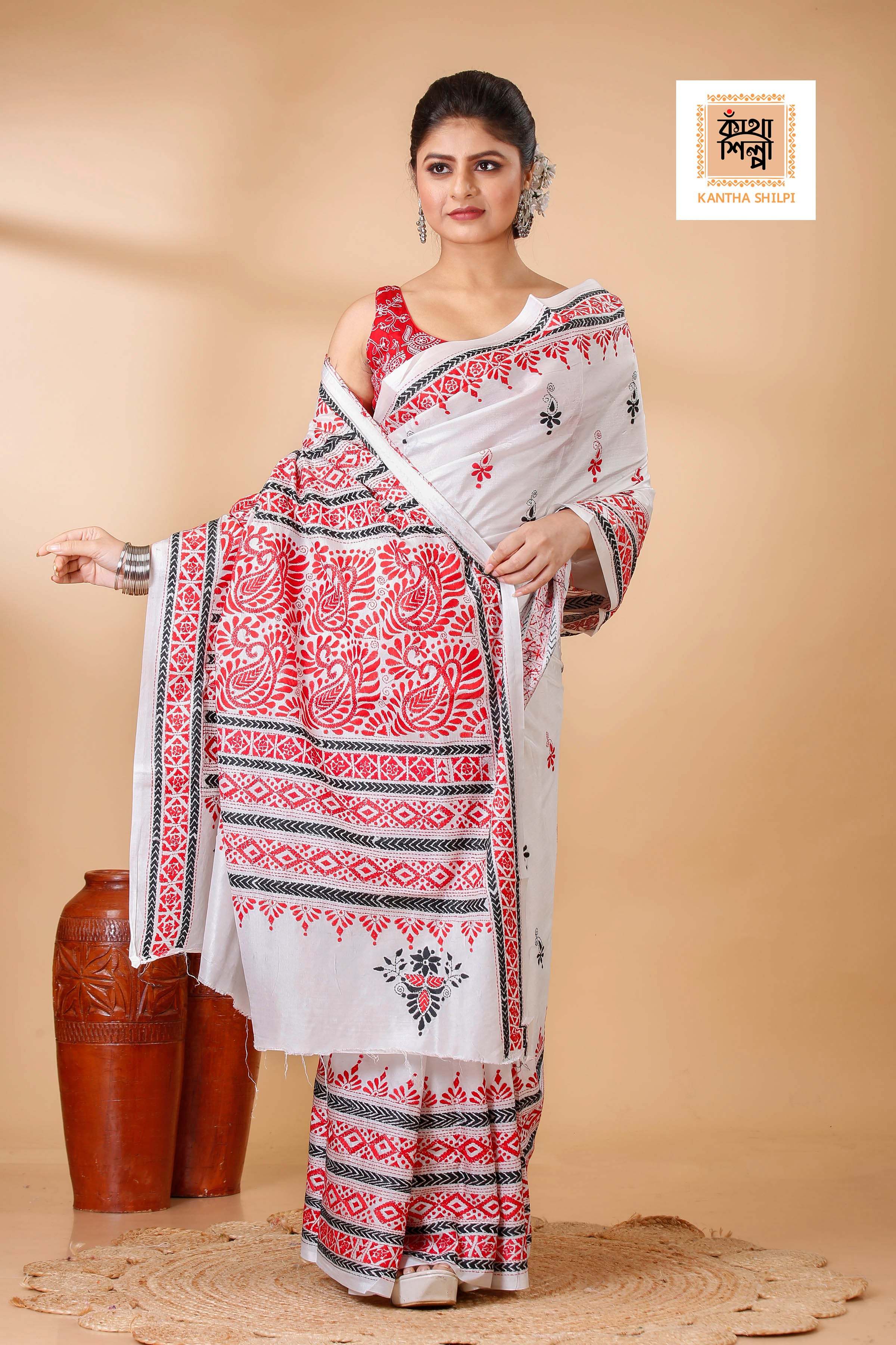 Bangalore Silk Red and Black Thread Work Traditional Kantha Stitch Saree