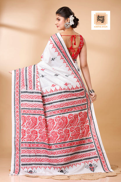 Bangalore Silk Red and Black Thread Work Traditional Kantha Stitch Saree