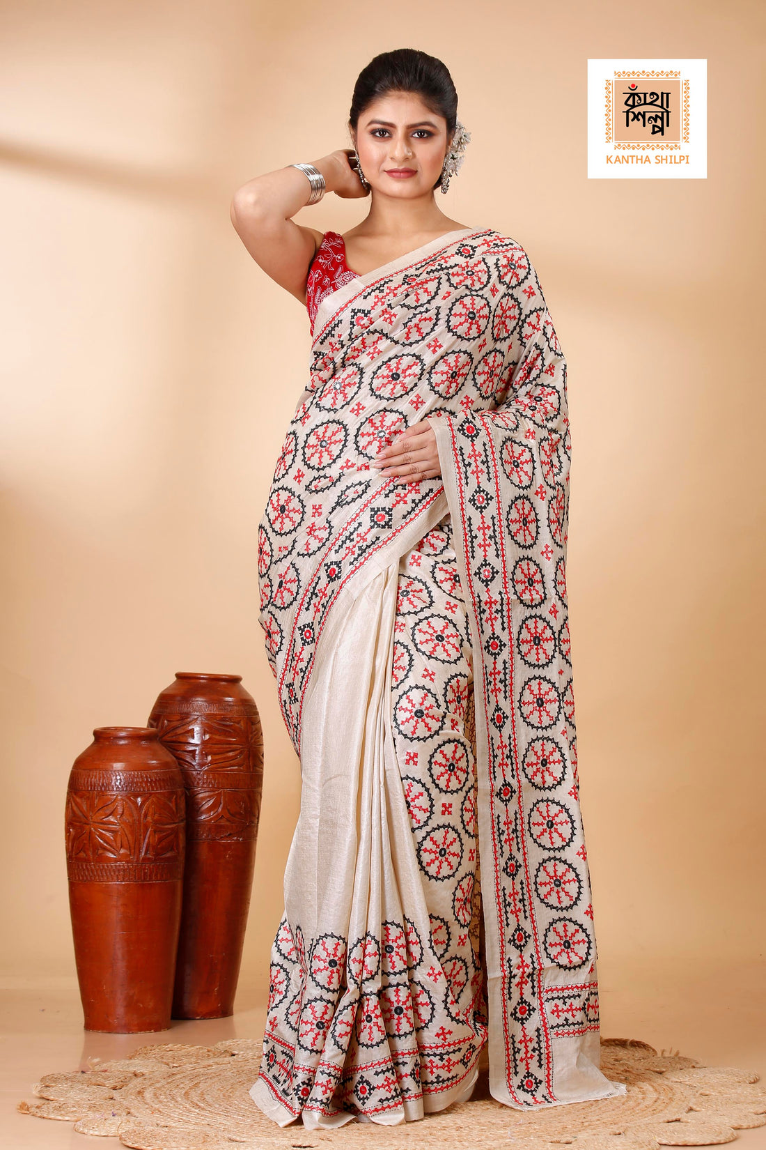 Gachi Tussar Silk Black and Red Thread Work Gujrati Stitch Saree