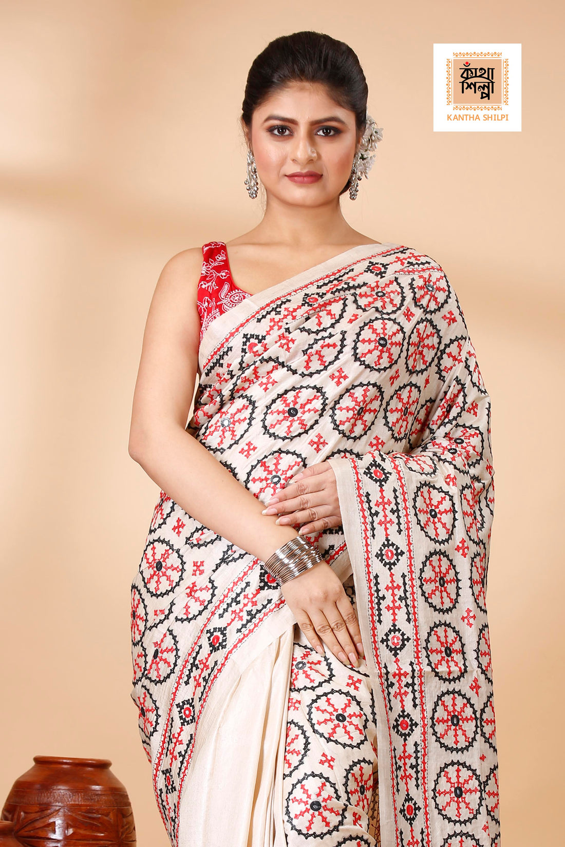 Gachi Tussar Silk Black and Red Thread Work Gujrati Stitch Saree