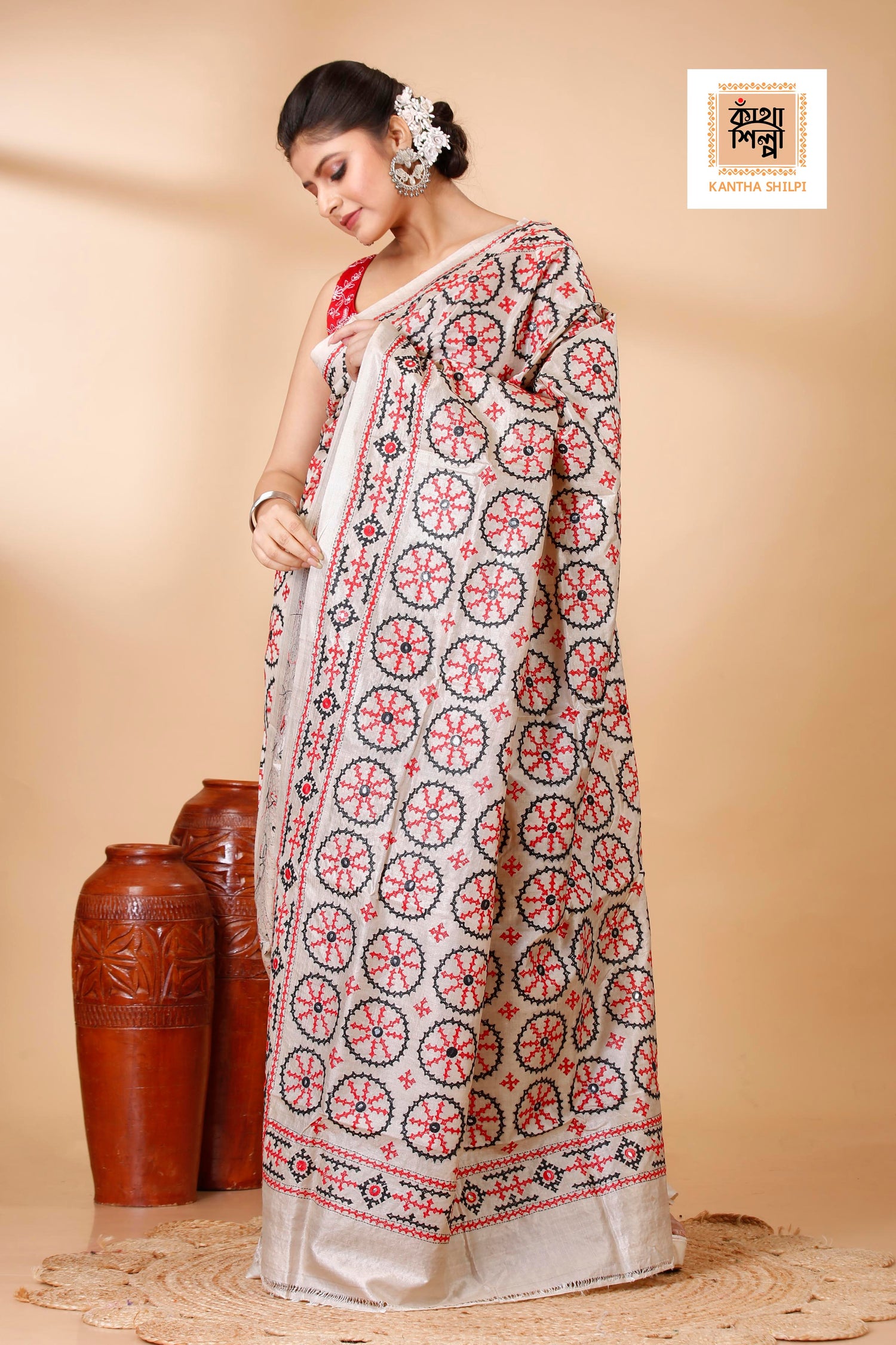 Gachi Tussar Silk Black and Red Thread Work Gujrati Stitch Saree