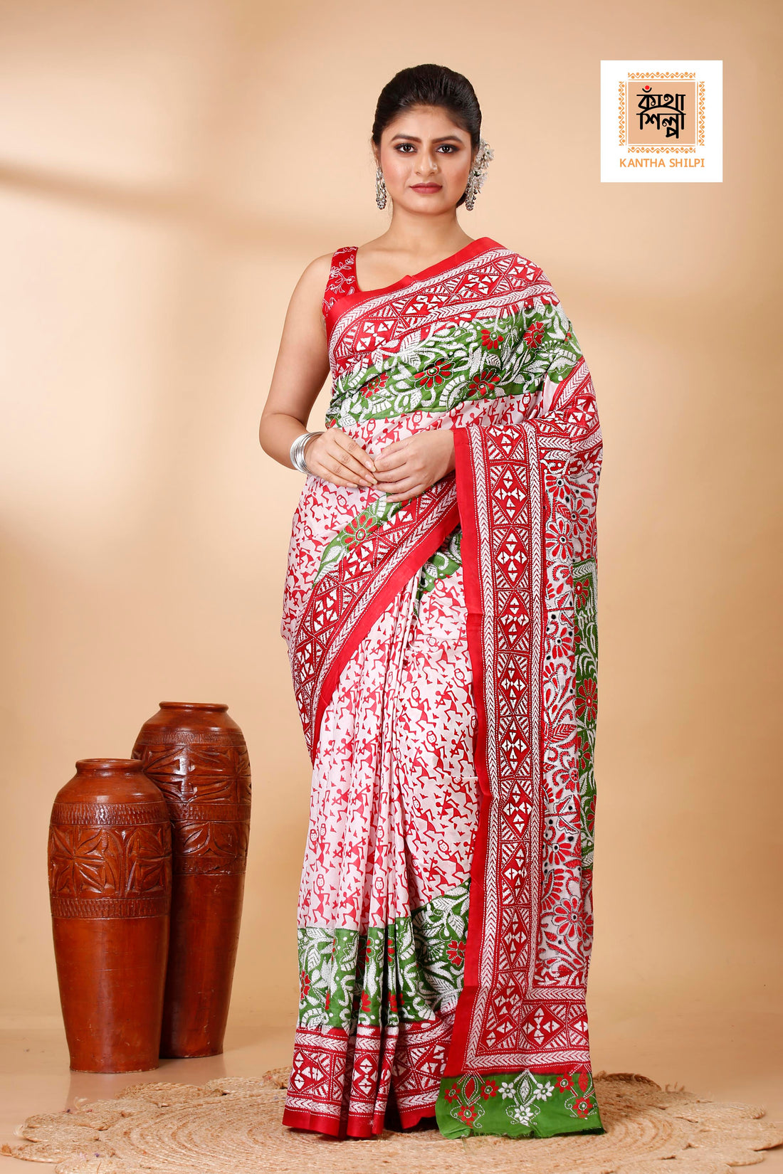 Pure Bangalore Silk Multicolor Thread Work Block and Geometric Pattern Kantha Stitch Fusion Saree
