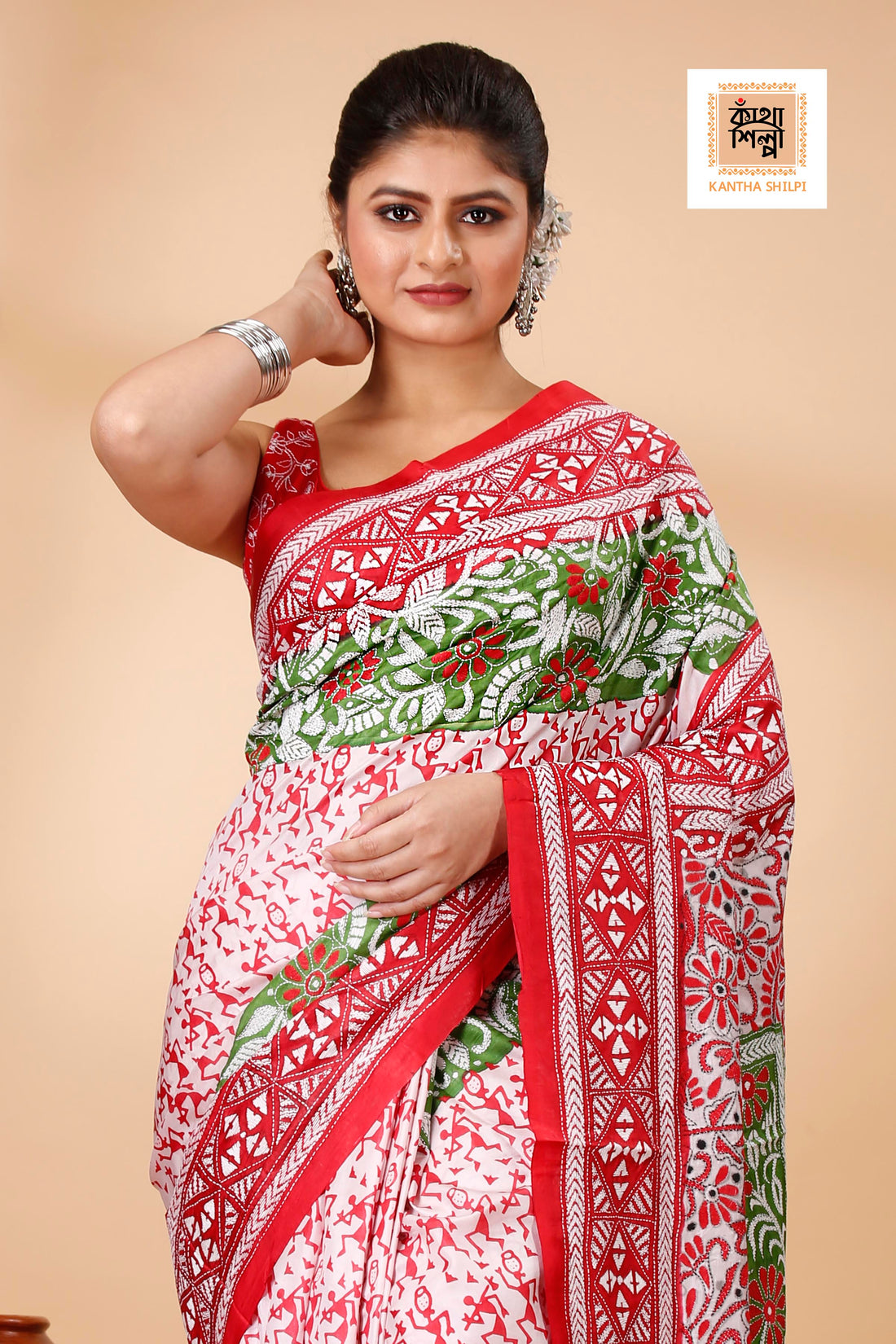 Pure Bangalore Silk Multicolor Thread Work Block and Geometric Pattern Kantha Stitch Fusion Saree