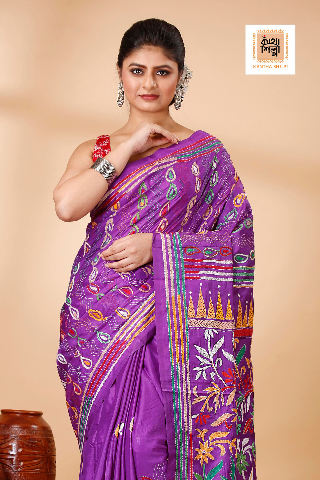 Bangalore Silk Multicolor Thread Work Floral Design Kantha Stitch Saree