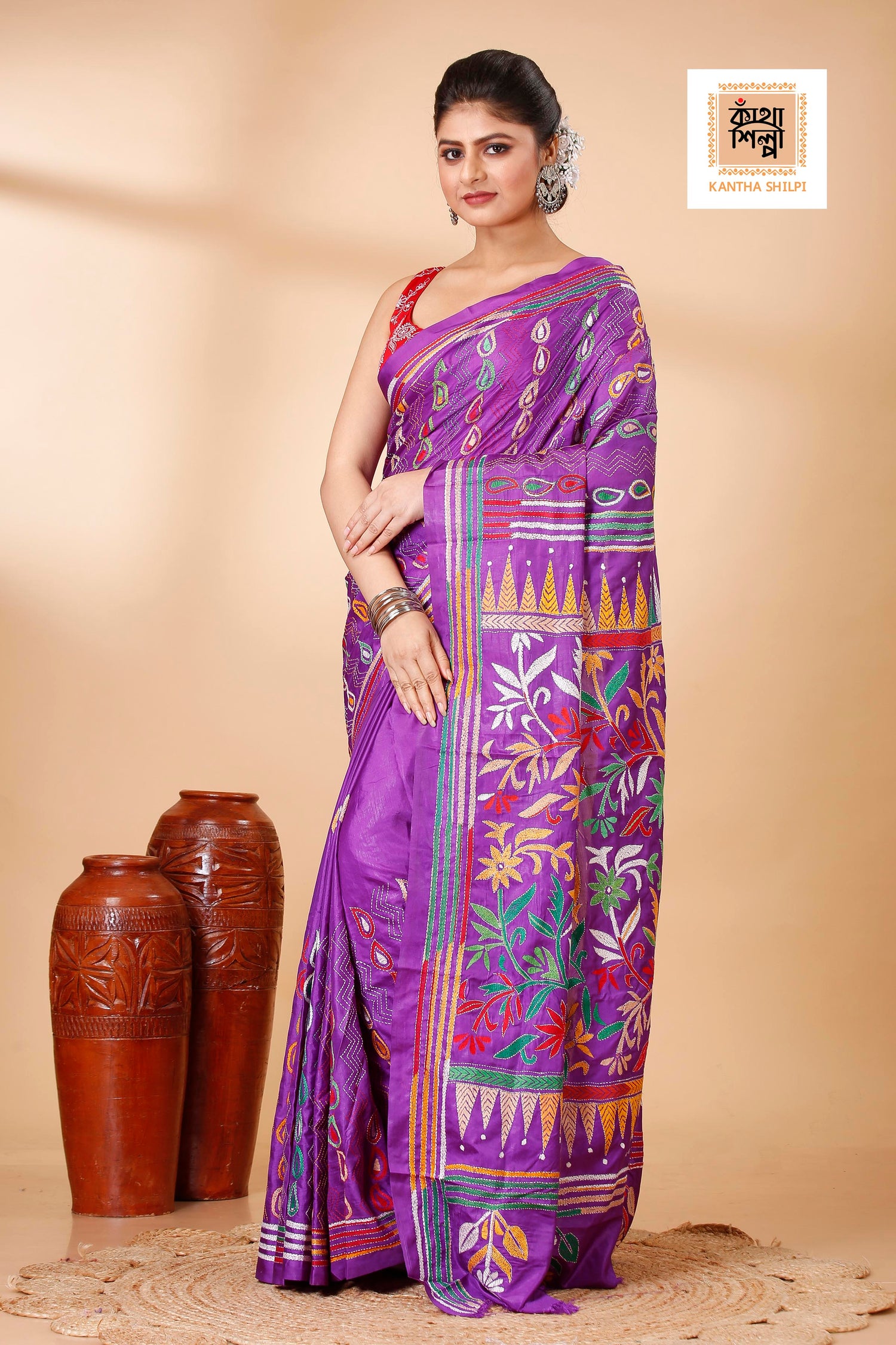 Bangalore Silk Multicolor Thread Work Floral Design Kantha Stitch Saree