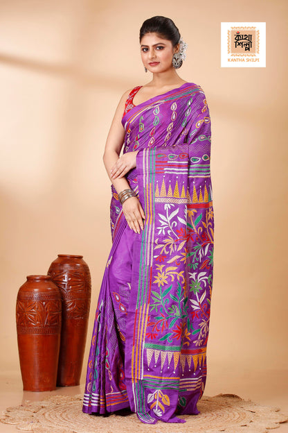 Bangalore Silk Multicolor Thread Work Floral Design Kantha Stitch Saree