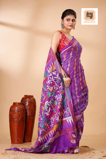 Bangalore Silk Multicolor Thread Work Floral Design Kantha Stitch Saree