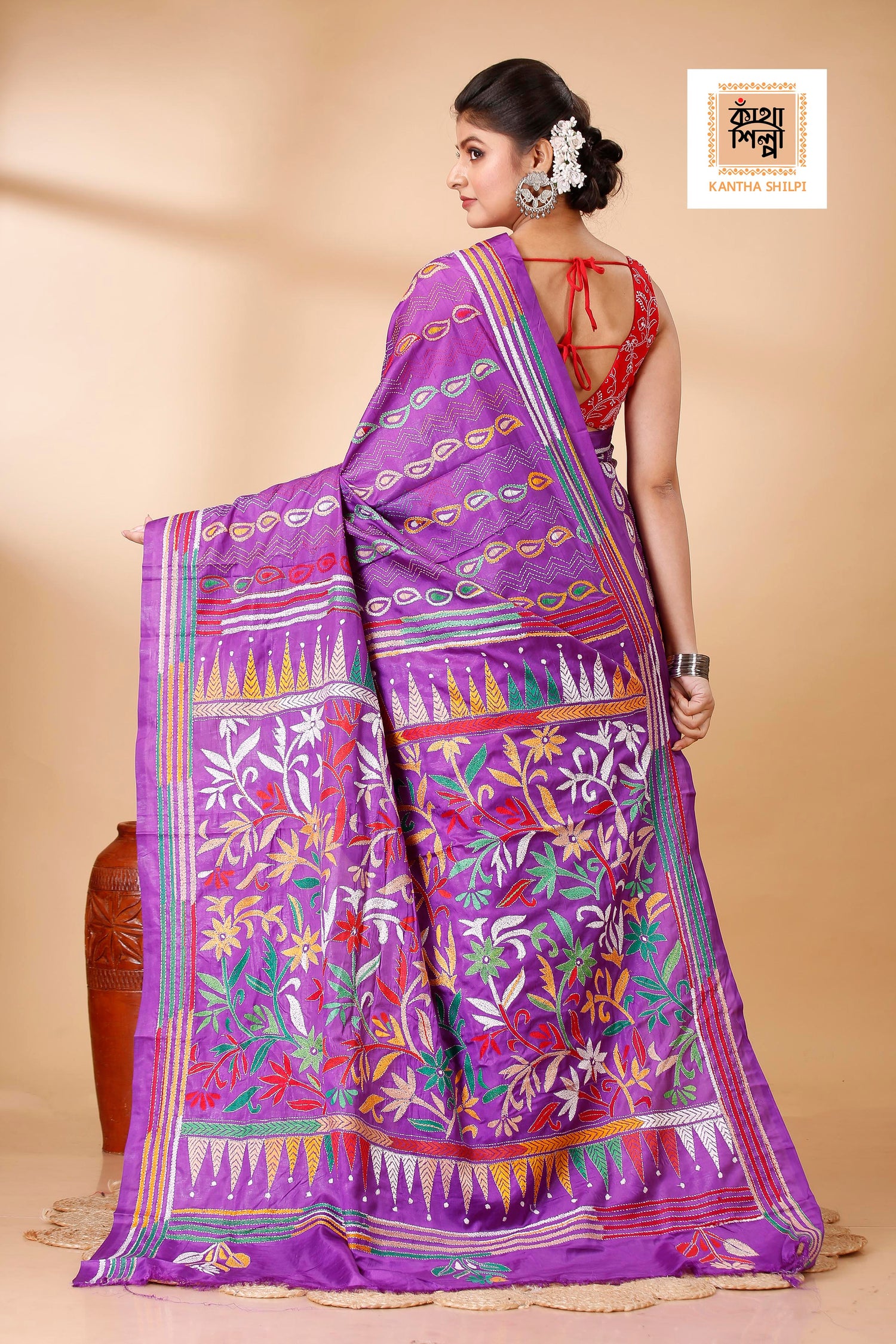 Bangalore Silk Multicolor Thread Work Floral Design Kantha Stitch Saree