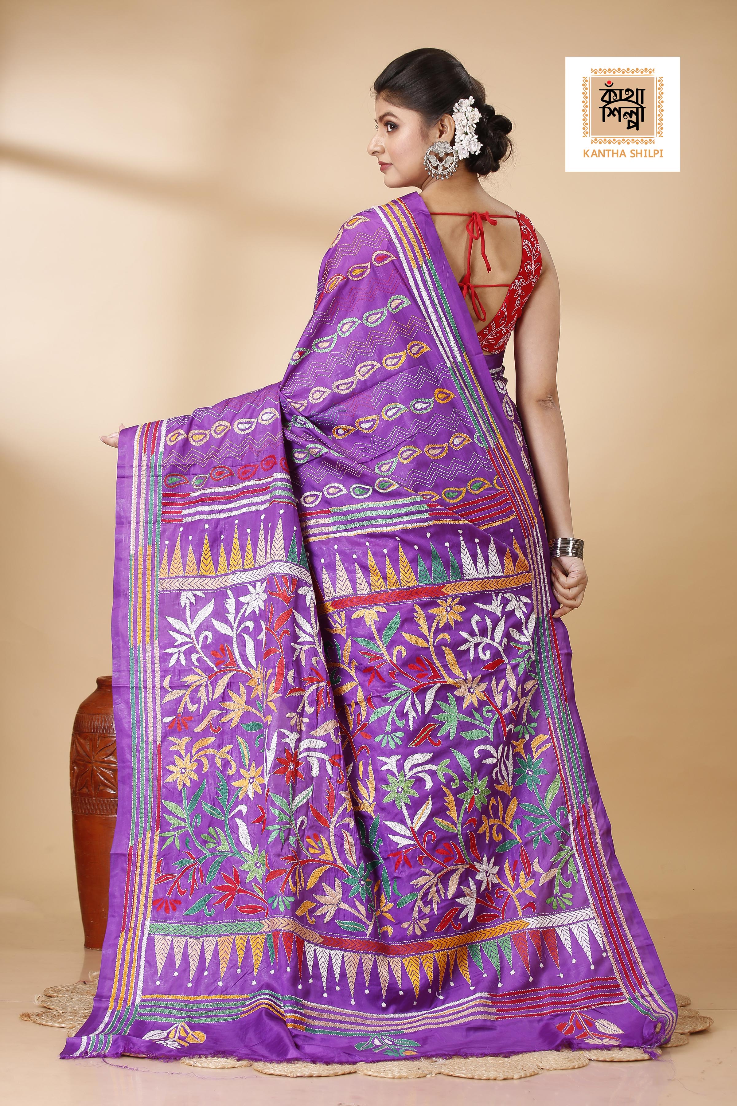 Bangalore Silk Multicolor Thread Work Floral Design Kantha Stitch Saree