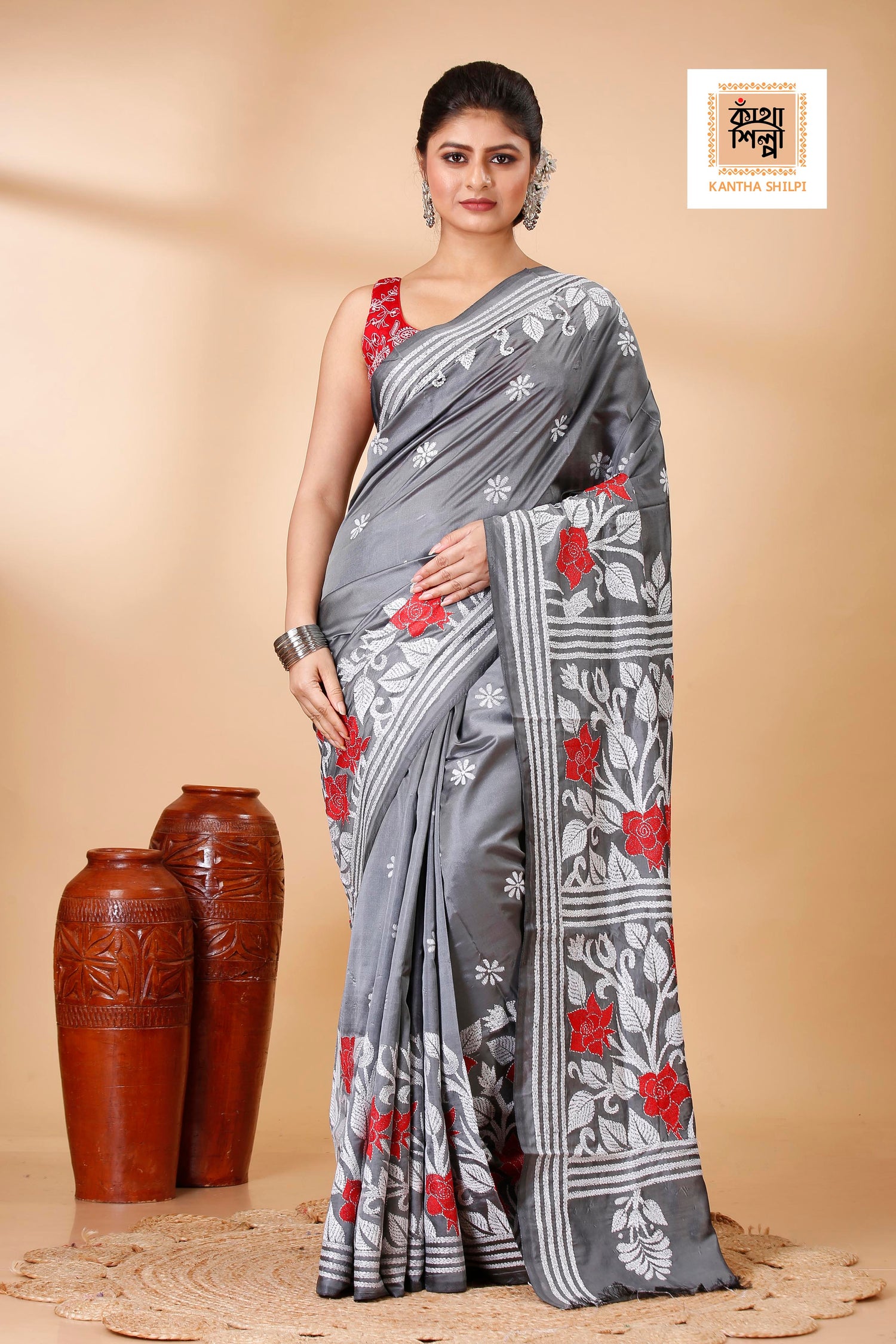 Bangalore Silk Red and White Thread Work Rose Floral Design Kantha Stitch Saree