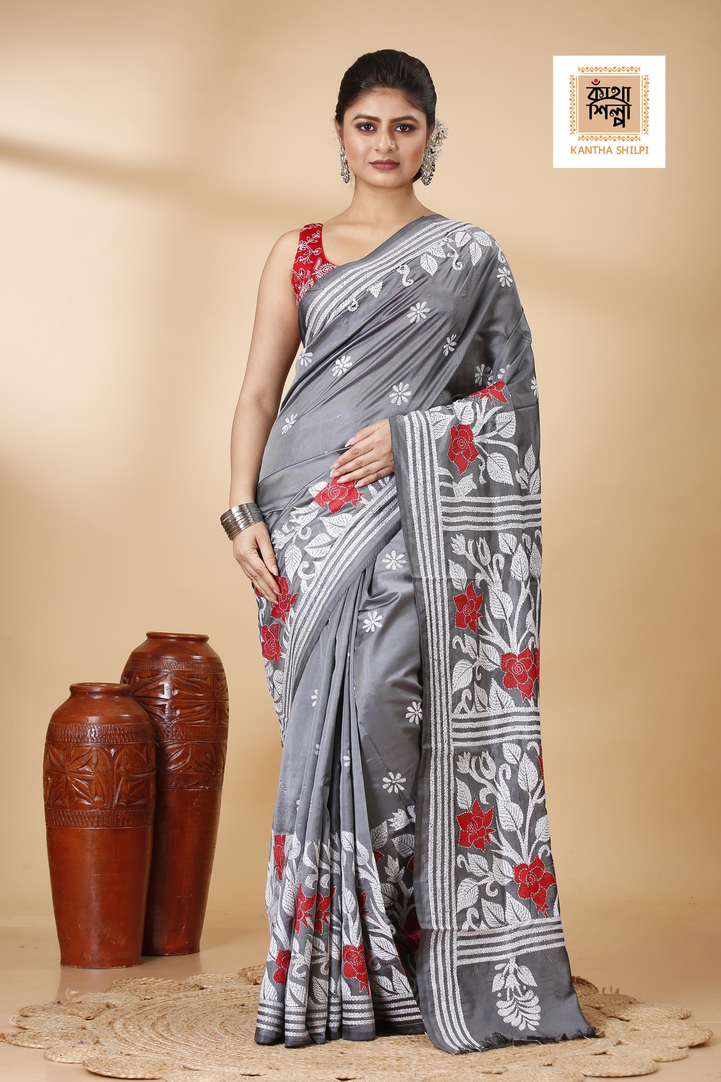 Bangalore Silk Red and White Thread Work Rose Floral Design Kantha Stitch Saree