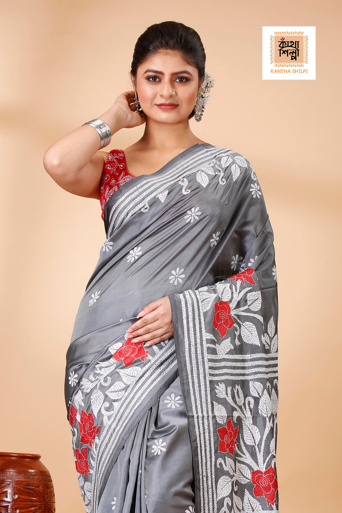 Bangalore Silk Red and White Thread Work Rose Floral Design Kantha Stitch Saree