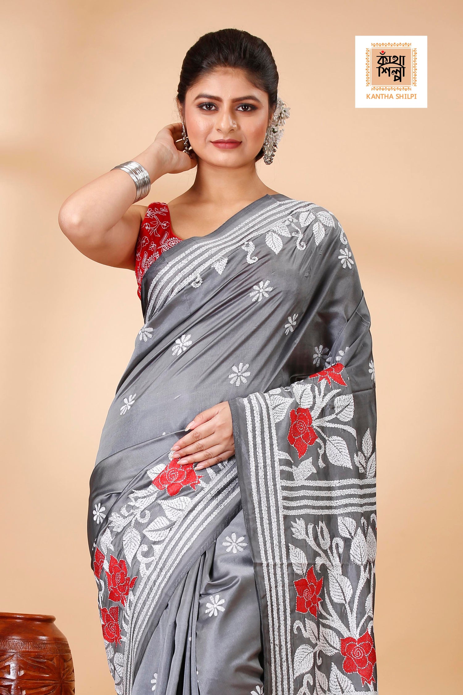 Bangalore Silk Red and White Thread Work Rose Floral Design Kantha Stitch Saree