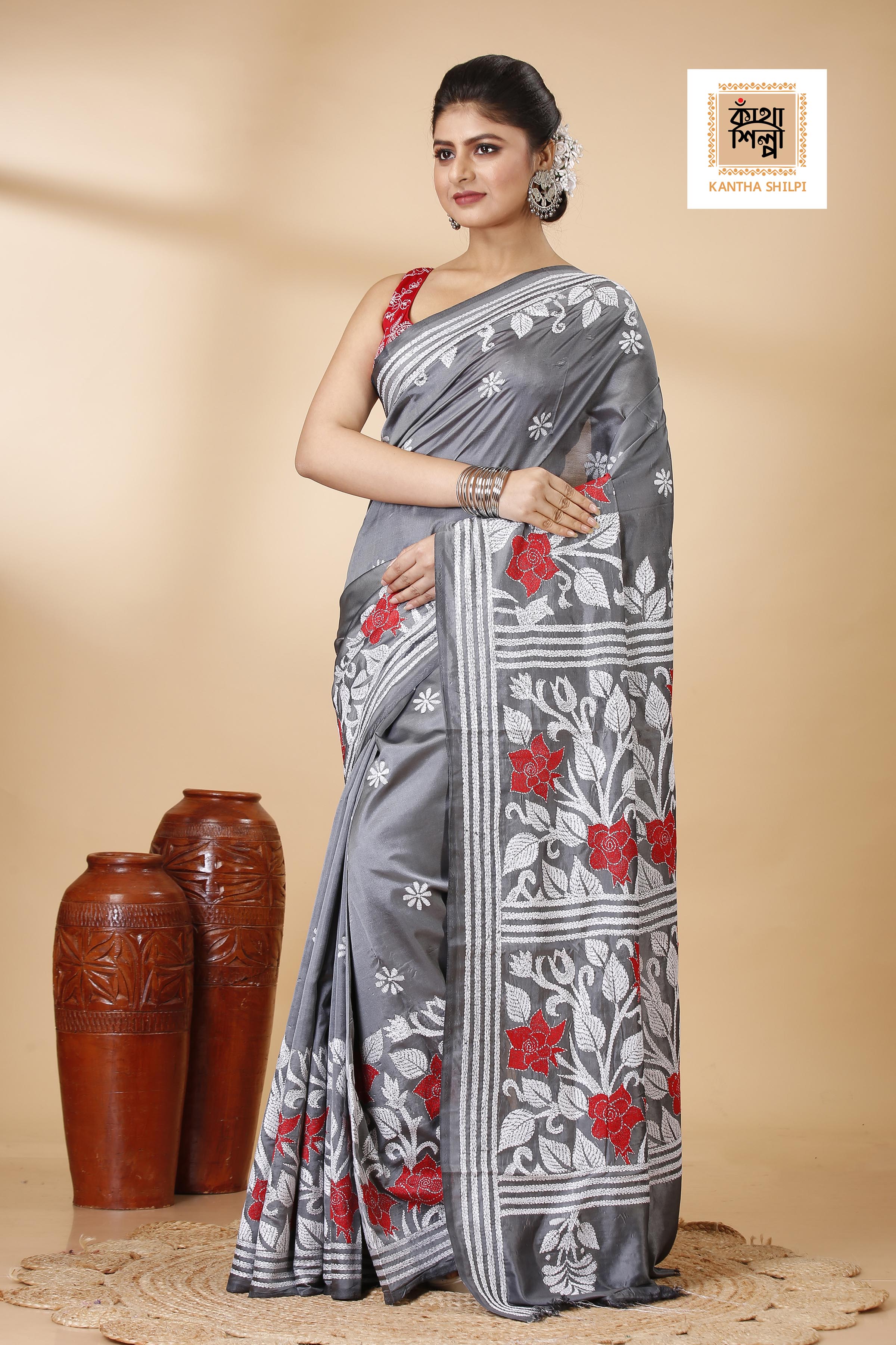 Bangalore Silk Red and White Thread Work Rose Floral Design Kantha Stitch Saree