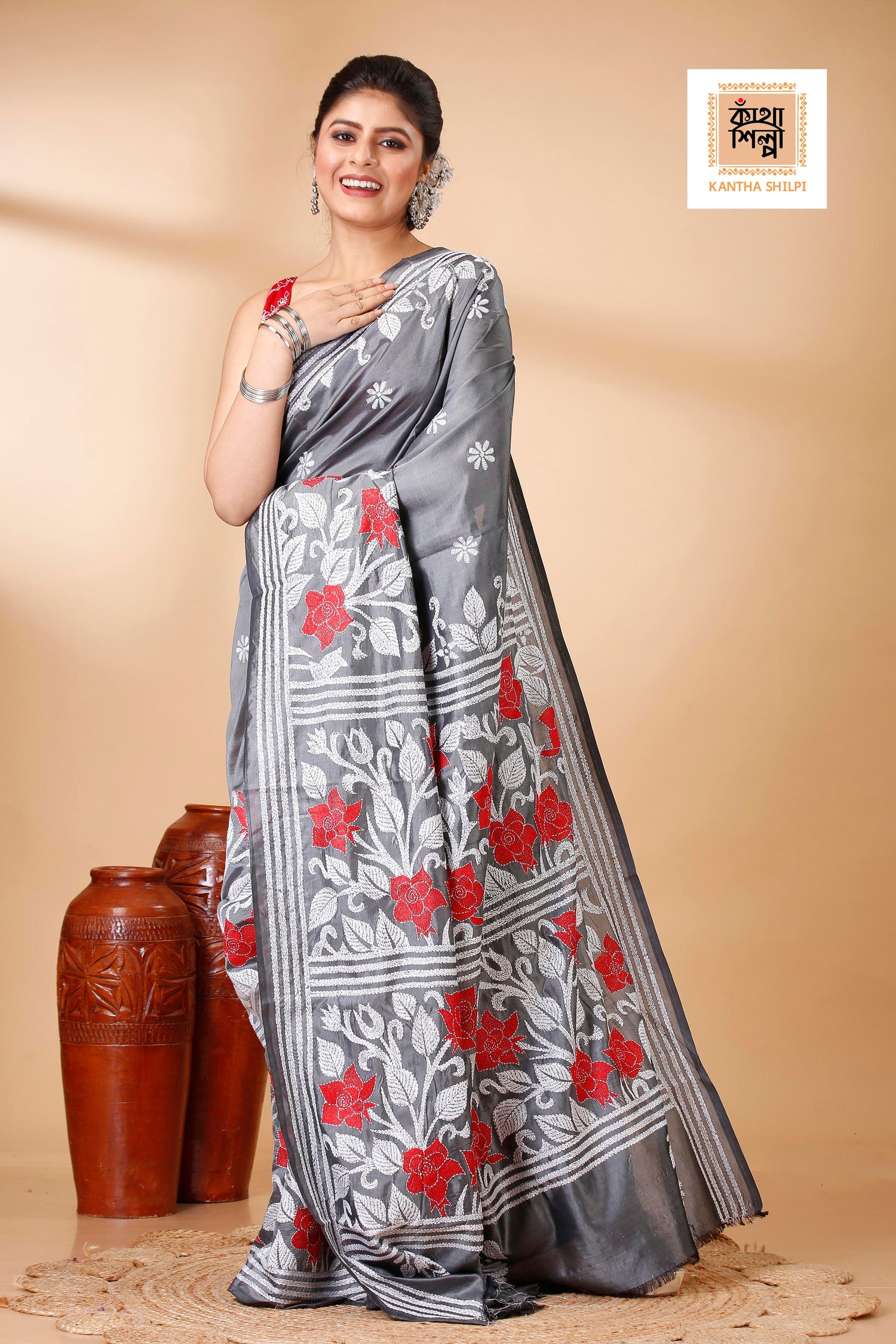 Bangalore Silk Red and White Thread Work Rose Floral Design Kantha Stitch Saree