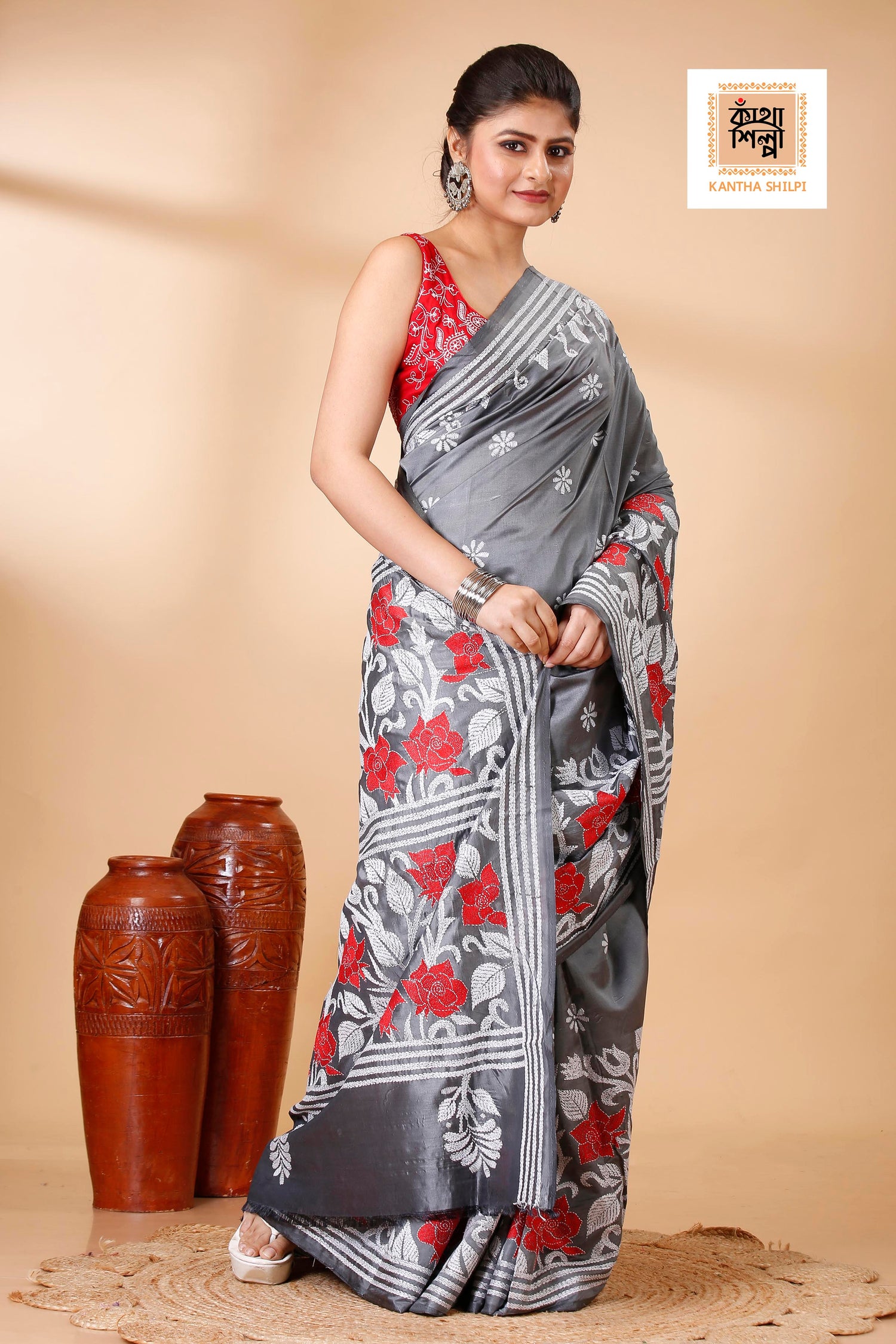 Bangalore Silk Red and White Thread Work Rose Floral Design Kantha Stitch Saree