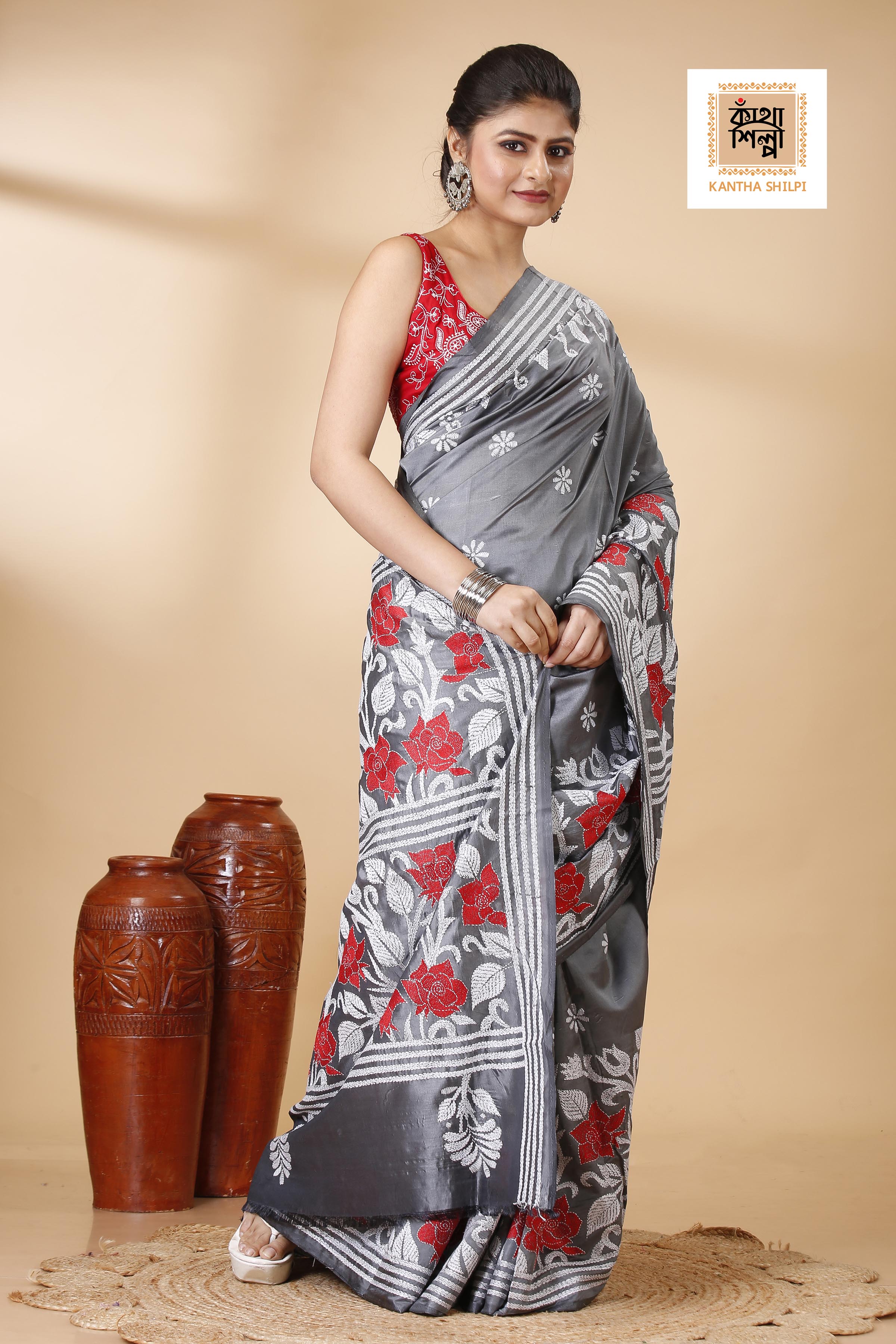Bangalore Silk Red and White Thread Work Rose Floral Design Kantha Stitch Saree